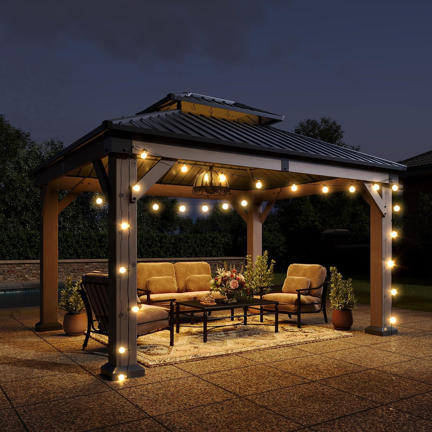 Aoxun 10' x 12' Outdoor Wood Gazebo, Hardtop Gazebo Permanent Wooden Pavilion with Galvanized Steel Double Roof, and LED Outdoor Waterproof Hanging Lights, for Patio, Garden, Deck, Cedar Wood, Grey