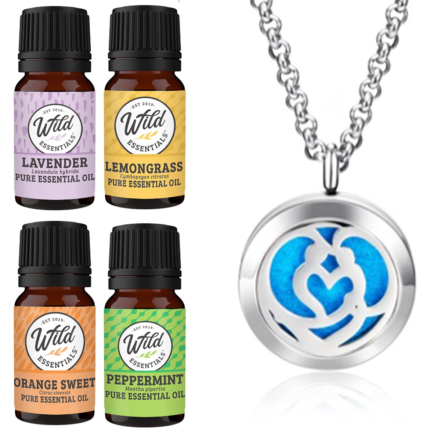 Wild Essentials Couple’s Heart Necklace Essential Oil Diffuser Kit, Lavender, Lemongrass, Peppermint, Orange Oils, 12 Refill Pads, Calming Aromatherapy Gift Set, Customizable Color Changing, Perfume