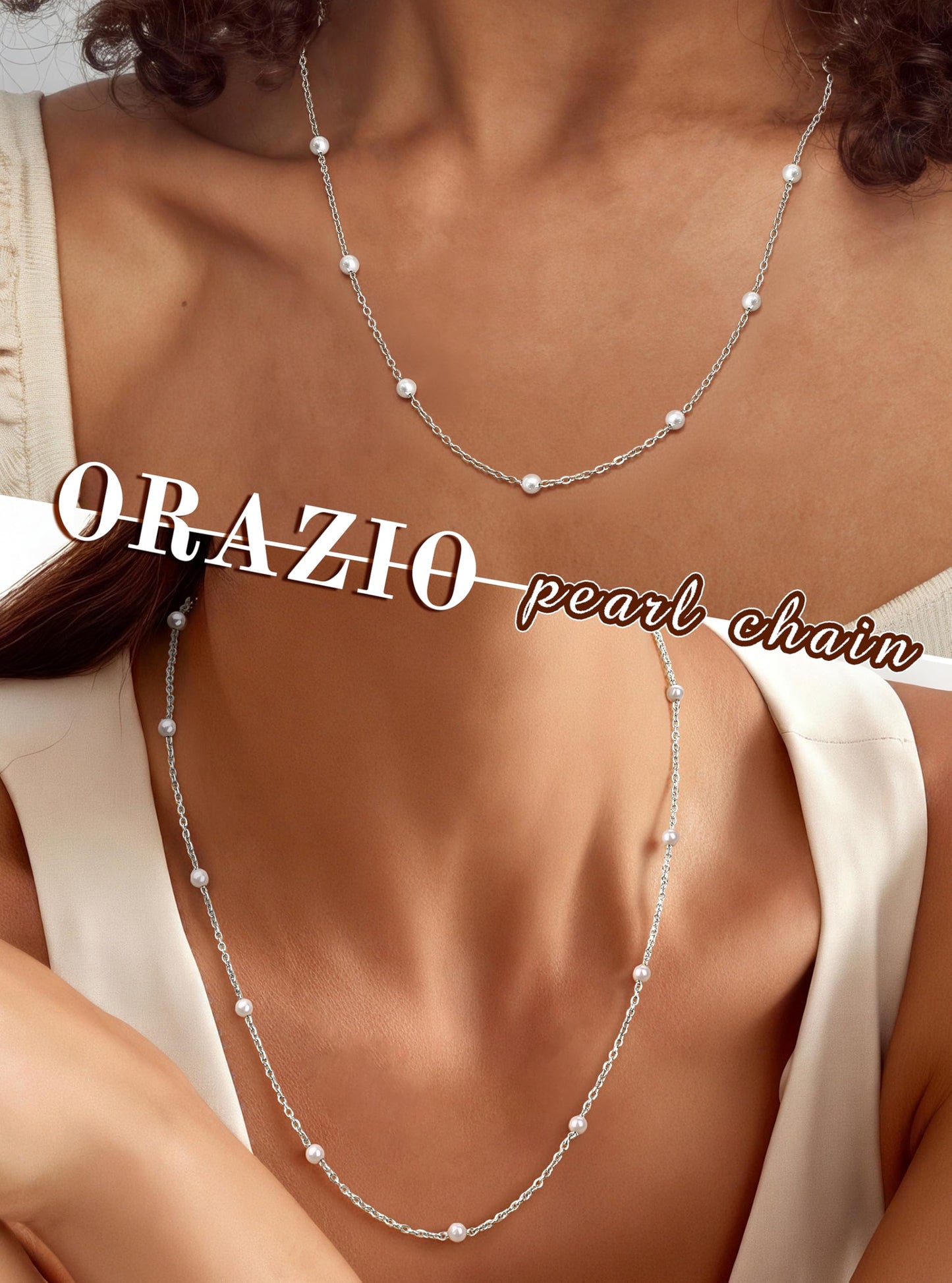 ORAZIO Dainty Gold Pearl Necklaces for Women, Silver Plated Faux Pearl Choker Necklaces Trendy Small Pearl Necklace Strand Wedding Prom Bridal Pearls Jewelry Gifts 20 in 4mm