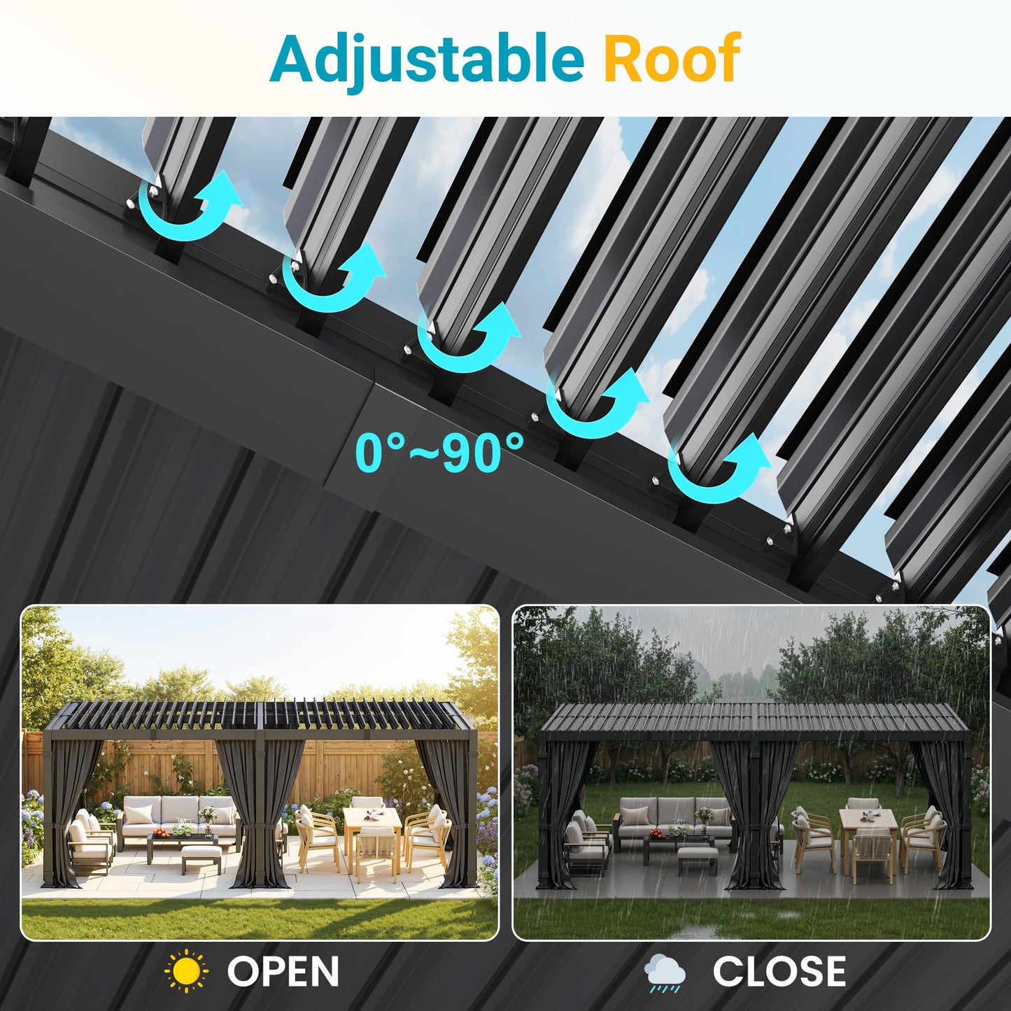 12' x 20' Louvered Pergola, Outdoor Pergola with Curtains & Netting, Metal Patio Pergola with Adjustable Louvers Roof and Gutter System, Metal Hardtop Gazebo for Patio, Deck, Garden, Yard, Dark Gray