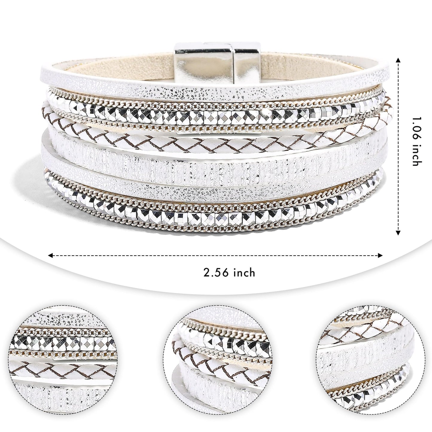 VIBILIA Boho Leather Wrap Bracelets for Women Trendy Layered Multi-Layer Bracelets with Strong Clasp Jewelry for Women-White