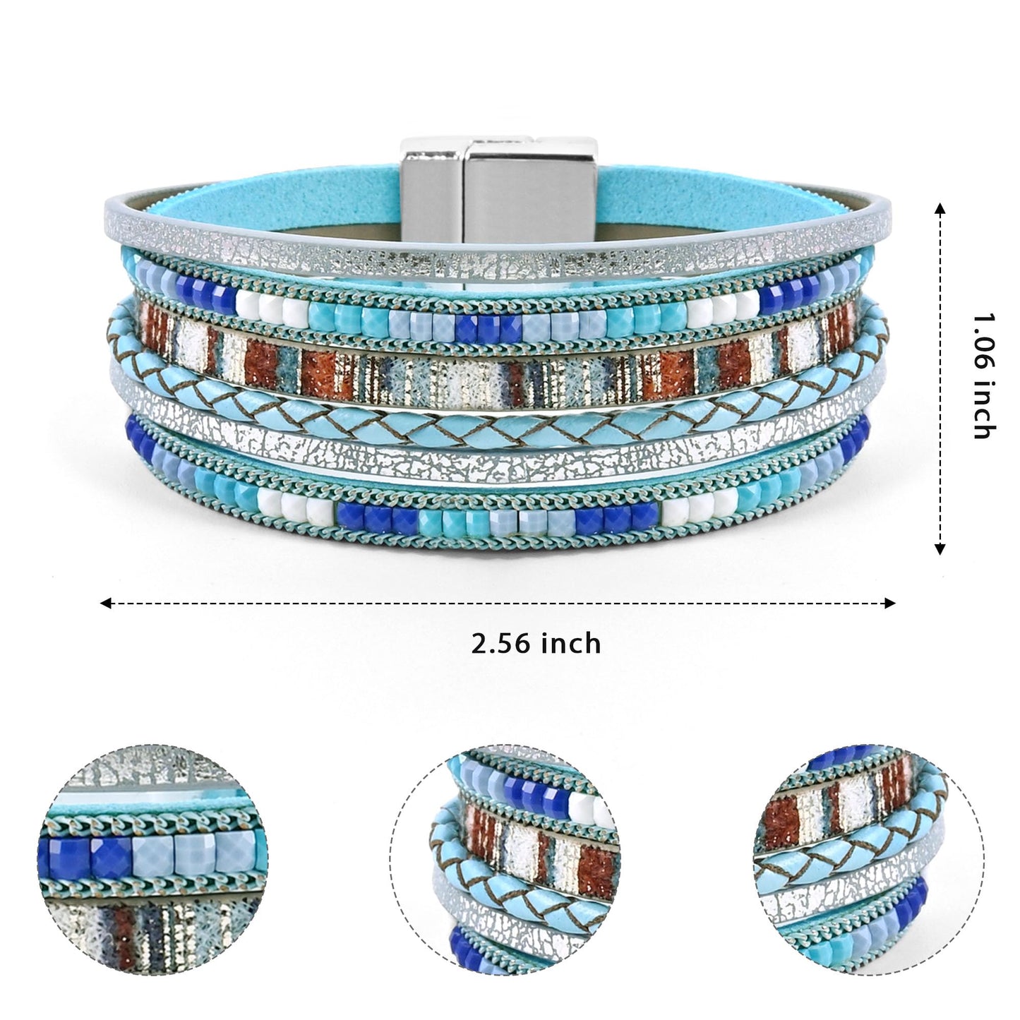 VIBILIA Boho Leather Wrap Bracelets for Women Trendy Layered Multi-Layer Bracelets with Strong Clasp Jewelry for Women-Blue