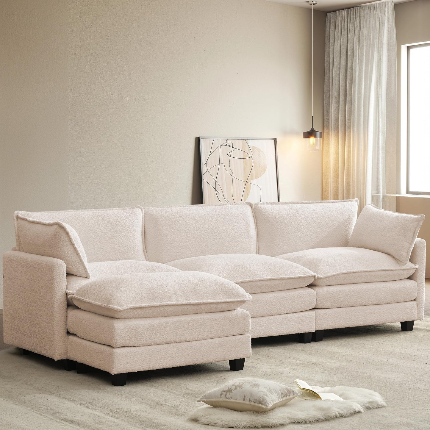 ROWHY 112'' Modular Sectional Cloud Couch with Movable Ottoman, 4 Seat Modern Chenille Sofa with 2 Throw Pillows, Deep Seat L Shaped Couch for Living Room Bedroom Apartment, Beige