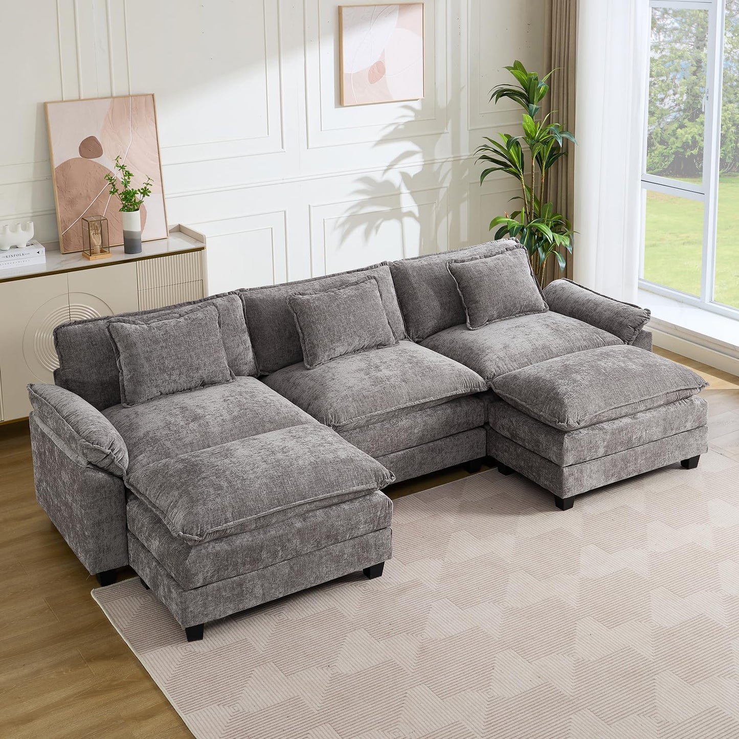 IPKIG 117" Modular Sectional Sofa, Chenille U-Shaped Sectional Couch Comfy Upholstered 3 Seat Sofa with 2 Ottoman, 3 Lumbar Pillow, Deep Seat Cloud Couch Sofa for Living Room, Light Grey