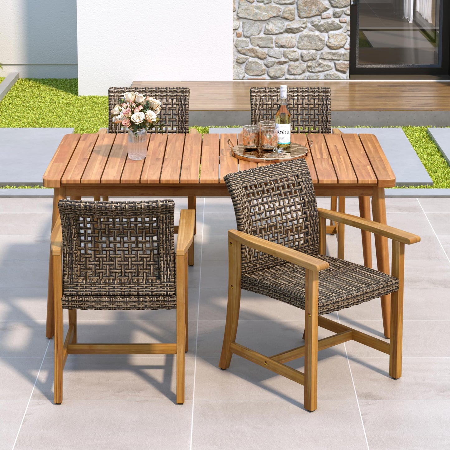 Merax 5 Piece Patio Dining Set, Outdoor Acacia Wood 63" Slatted Dinning Table and 4 Rattan Arm Chairs w/Sturdy Wood Legs for Backyard,Balcony, Garden, Poolside, Mocha+Teak