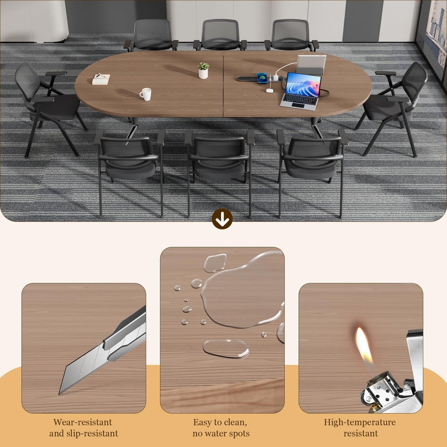 8 FT Large Folding Conference Table, Oval Training Seminar Tables for 8-10 People,Built-in Wireless Charger and Power Box,Metal Legs Rolling Training Table for Office (1, Walnut, 94.5"L×47.2"W×29.5"H)