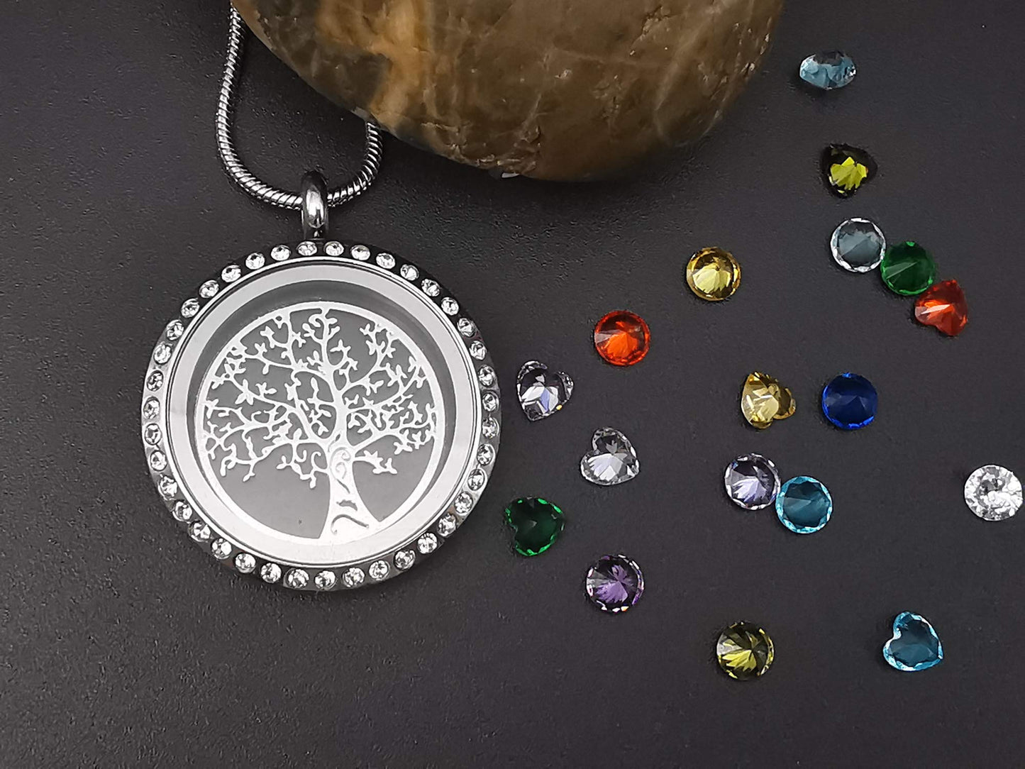 GOKING Grandmother Birthstone Necklace, Family Tree of Life Floating Locket for Grandma Mother, Gifts for Mom Nana Mimi Gigi Aunt Niece, Charms Living Memory Pendant