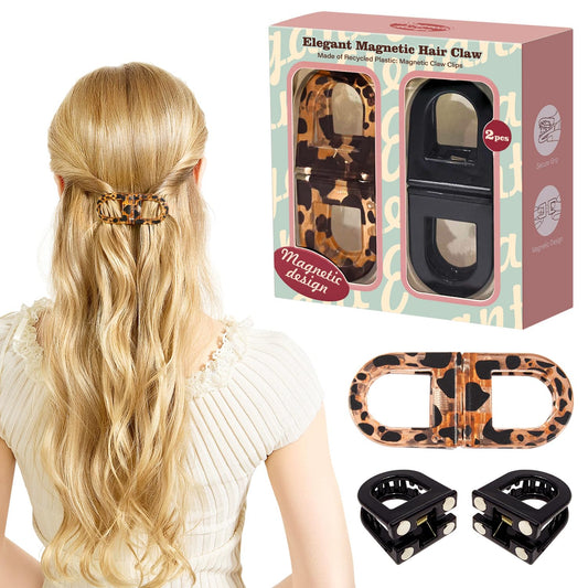 RCZETC Magnetic Hair Clips 2-Pack | Hair Clips for Styling & Thick Hair | Claw Clips & Barrettes for Women | Strong Hold Non-Slip No-Crease Hair Barrettes（Leopard Print + Black）