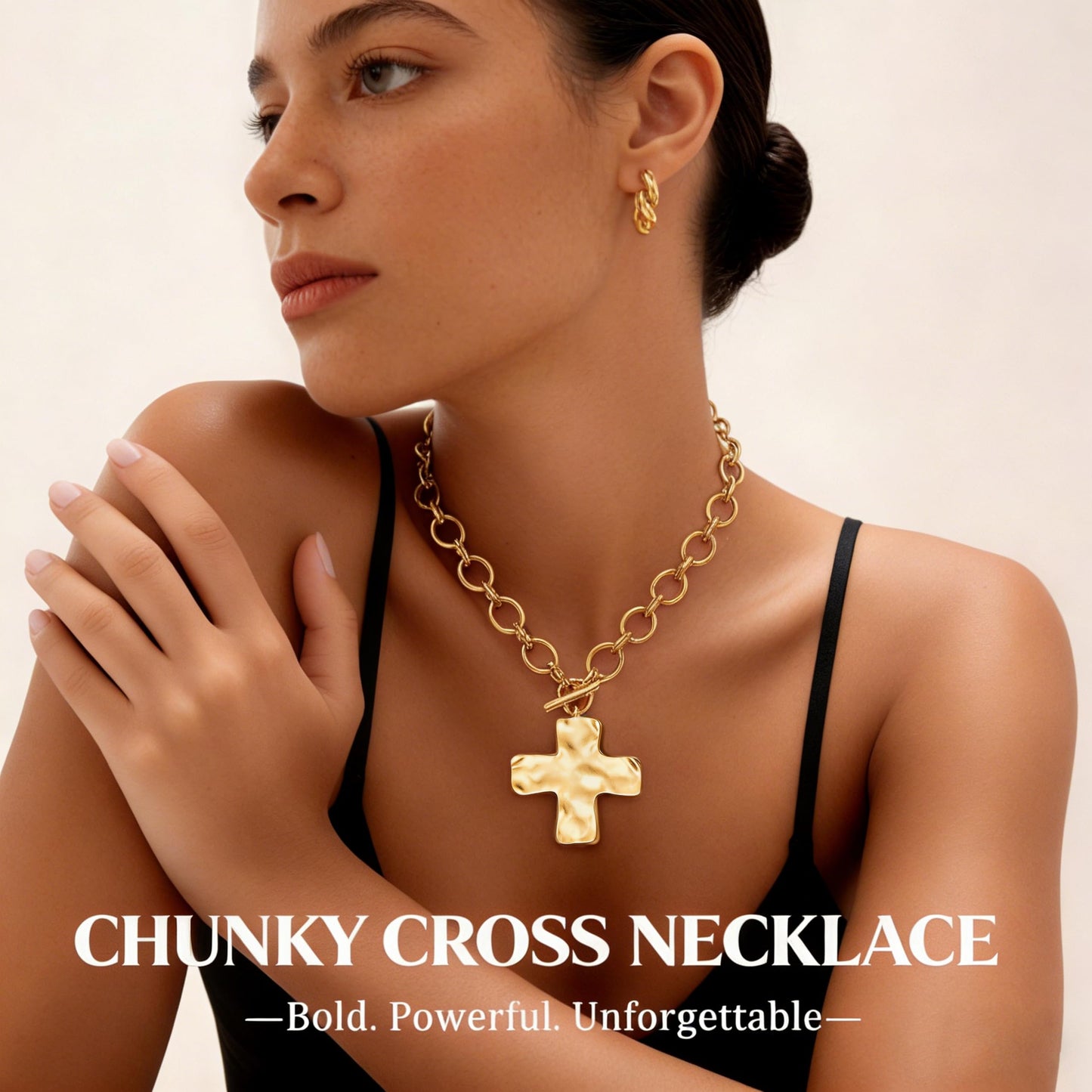 FAXHION Chunky Cross Necklace for Women, Gold Toggle Chain Statement Necklace with Hammered Cross Pendant, Vintage Chunky Necklace Jewelry Gift for Women