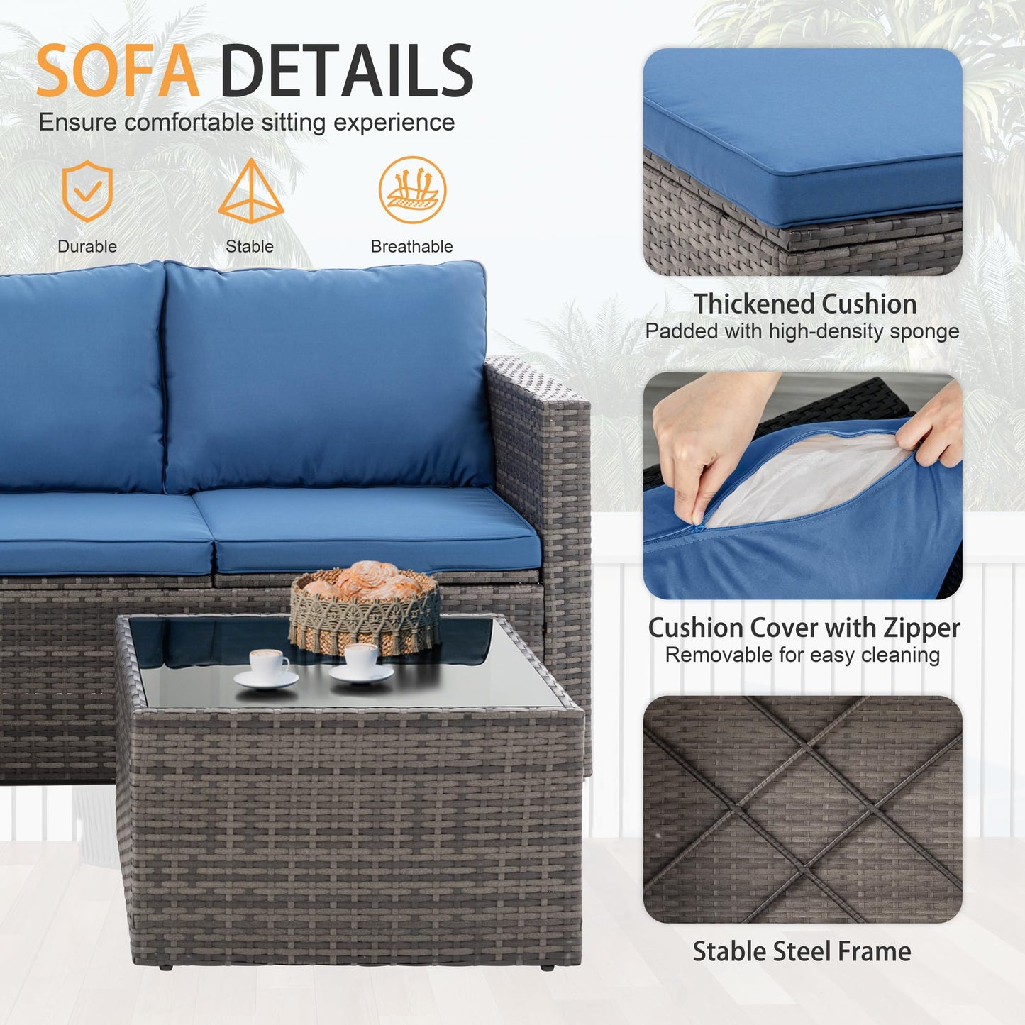 Shintenchi 4 Pieces Patio Furniture Sets, Outdoor Sofa Patio Sectional Sets All Weather, 2-in-1 Wicker Rattan Sofa Couch with Cushions & Coffee Table for Yard, Garden, Porch, Poolside (Navy Blue)