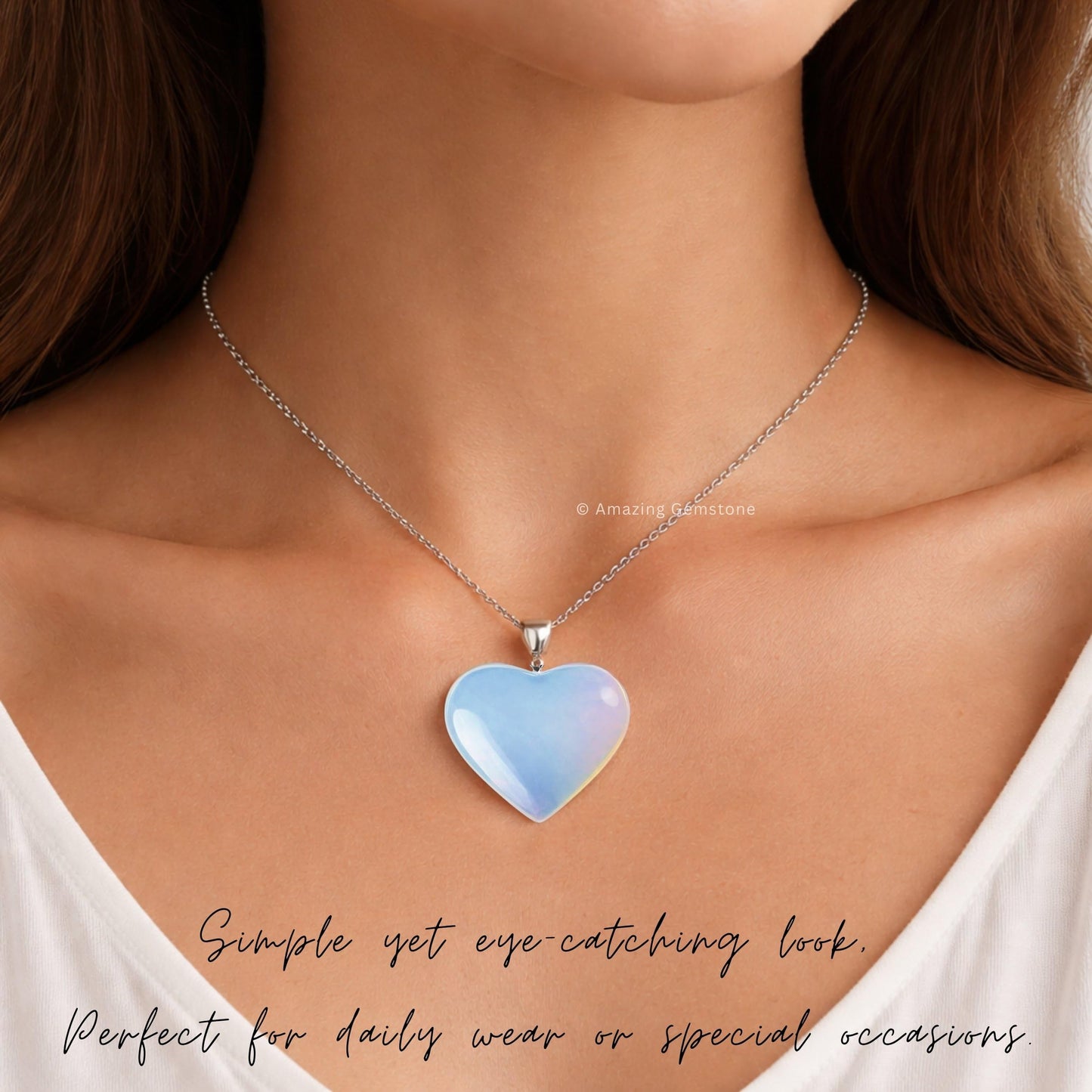 Opalite Neck lace - Healing Crystal Neck lace with Opalite Heart by Taylor - Elegant Jewelry for Energy Balance and Spiritual Healing - Gift for Women on Mothers Day, Christmas, Valentine (Flat Heart)