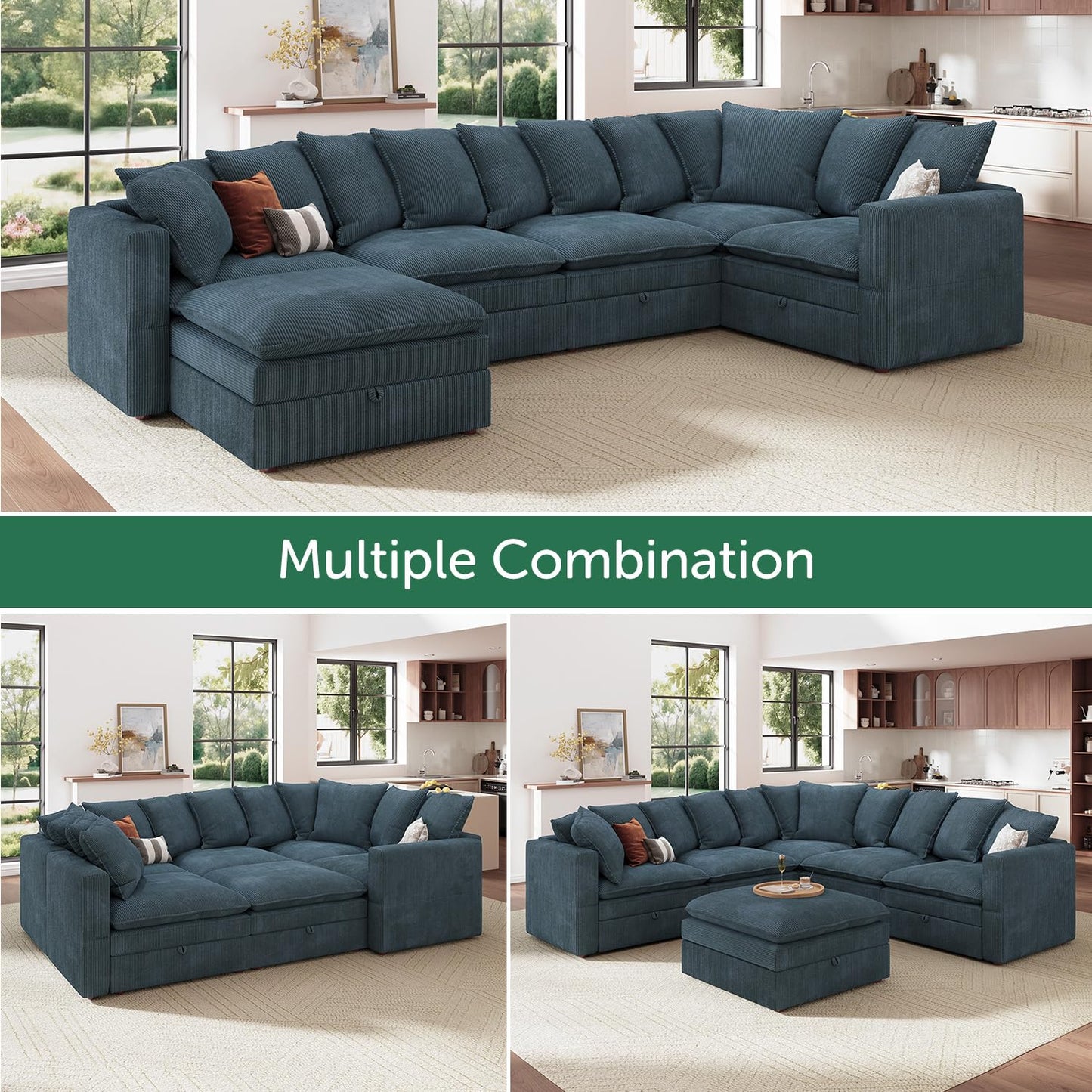 HONBAY Modular Sectional Sofa, 6 Seat U Shaped Corduroy Couch with Storage & Pillows, Convertible Sectional Couches for Living Room, Blue