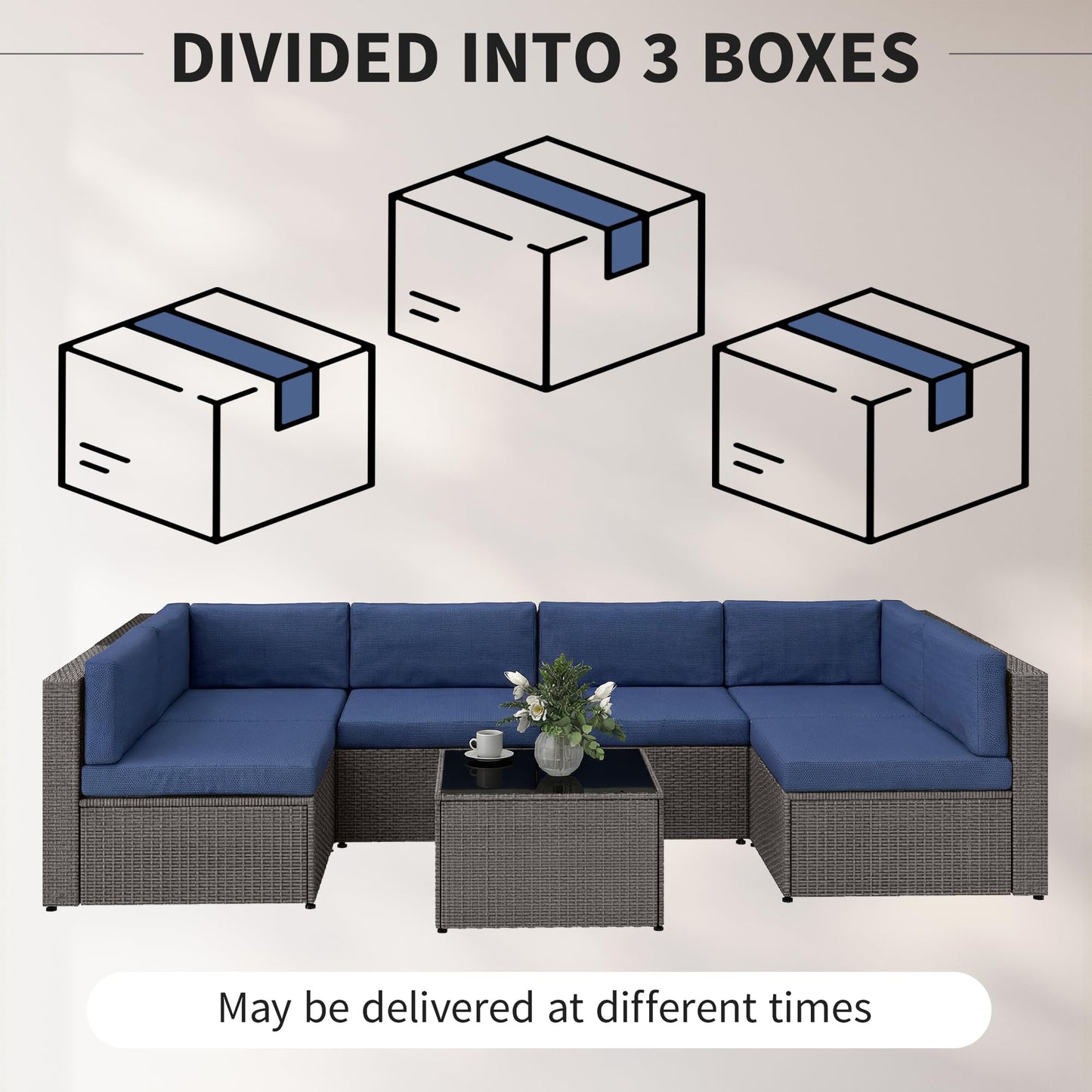 Outsunny 7 Piece Patio Furniture Set, Wicker Outdoor Sectional Sofa Set, All Weather PE Rattan Outdoor Furniture Conversation Sets with Cushions, Glass Top Coffee Table, Dark Blue