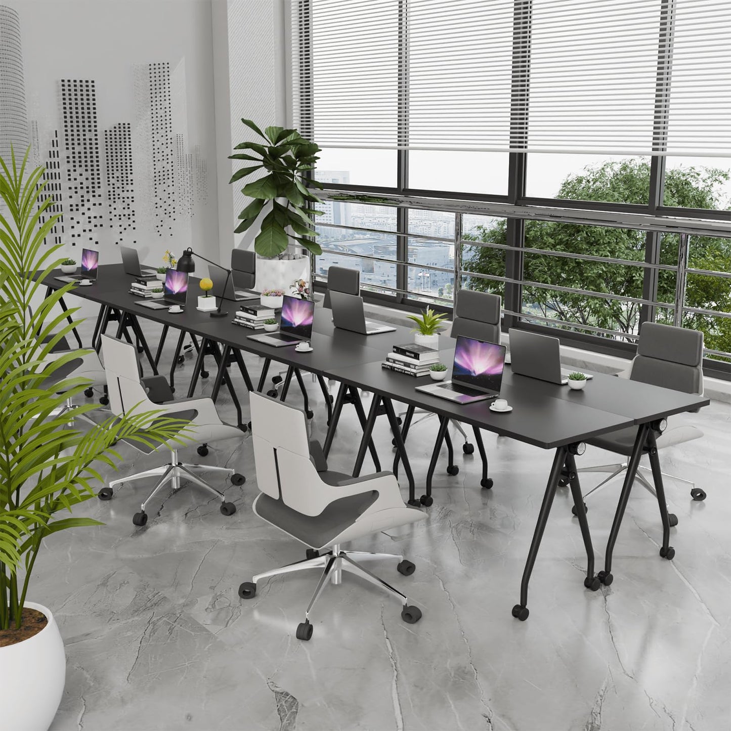 Conference Table with Wheels, Folding Conference Table with Knob & 4 Brake Casters, Modular Flip Top Mobile Conference Room Table for Office, Meeting, Training Room, Class (8, Black, 55.1in)
