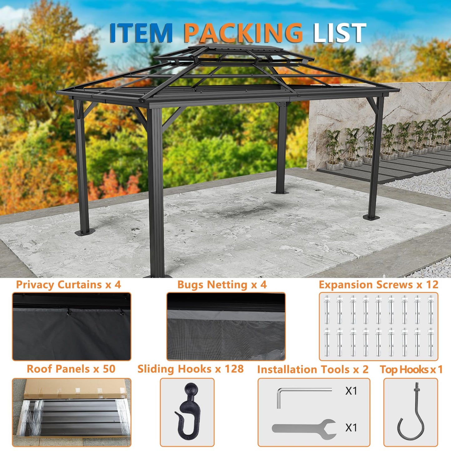 HOTEEL 10x15 Hardtop Gazebo On Clearance with Heavy Duty Galvanized Steel Metal Roof, Patio Hard Top Gazebo with Curtains & Netting,Outdoor Permanent Hot tub Gazebo Pavillon for Backyard,Deck,Black