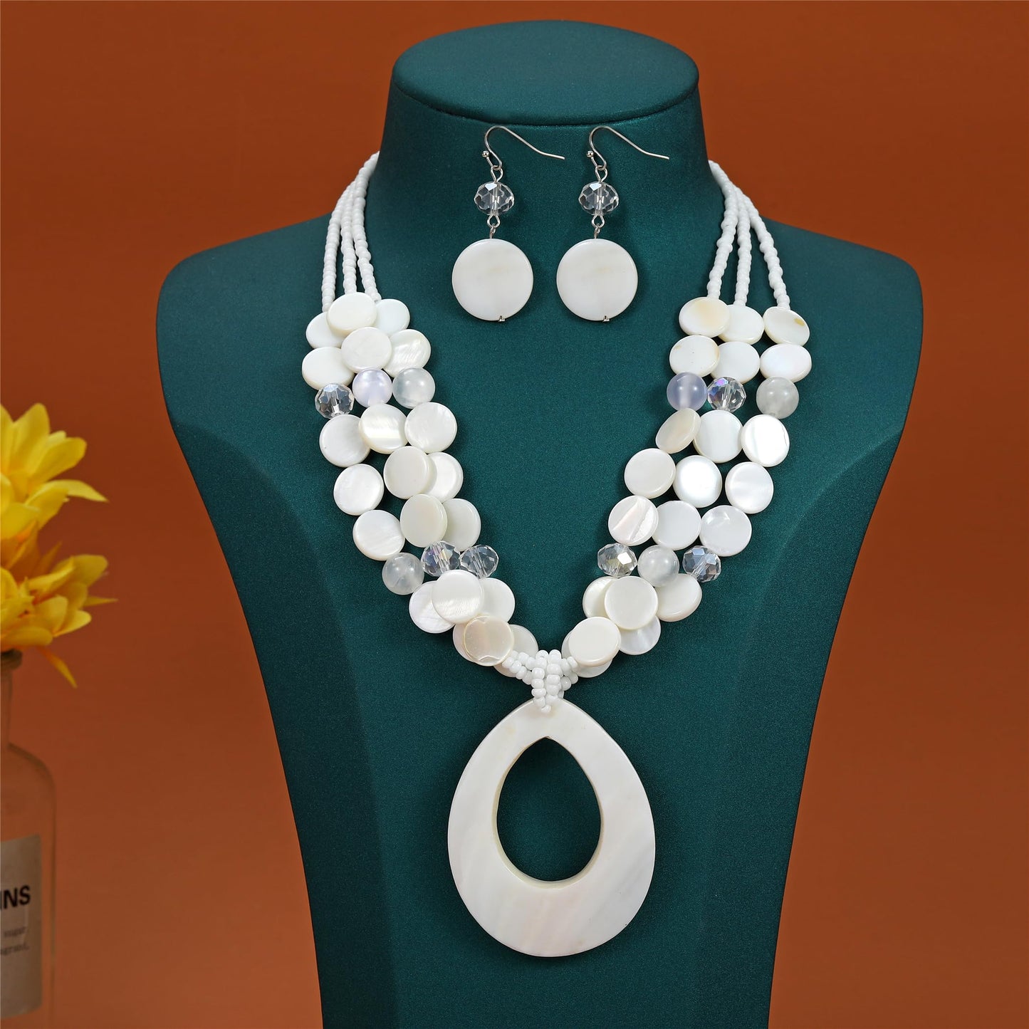 Aenu Multi-Strand Beaded Necklace with Teardrop Pendant Colorful Beads Statement Jewelry Set for Women (White)