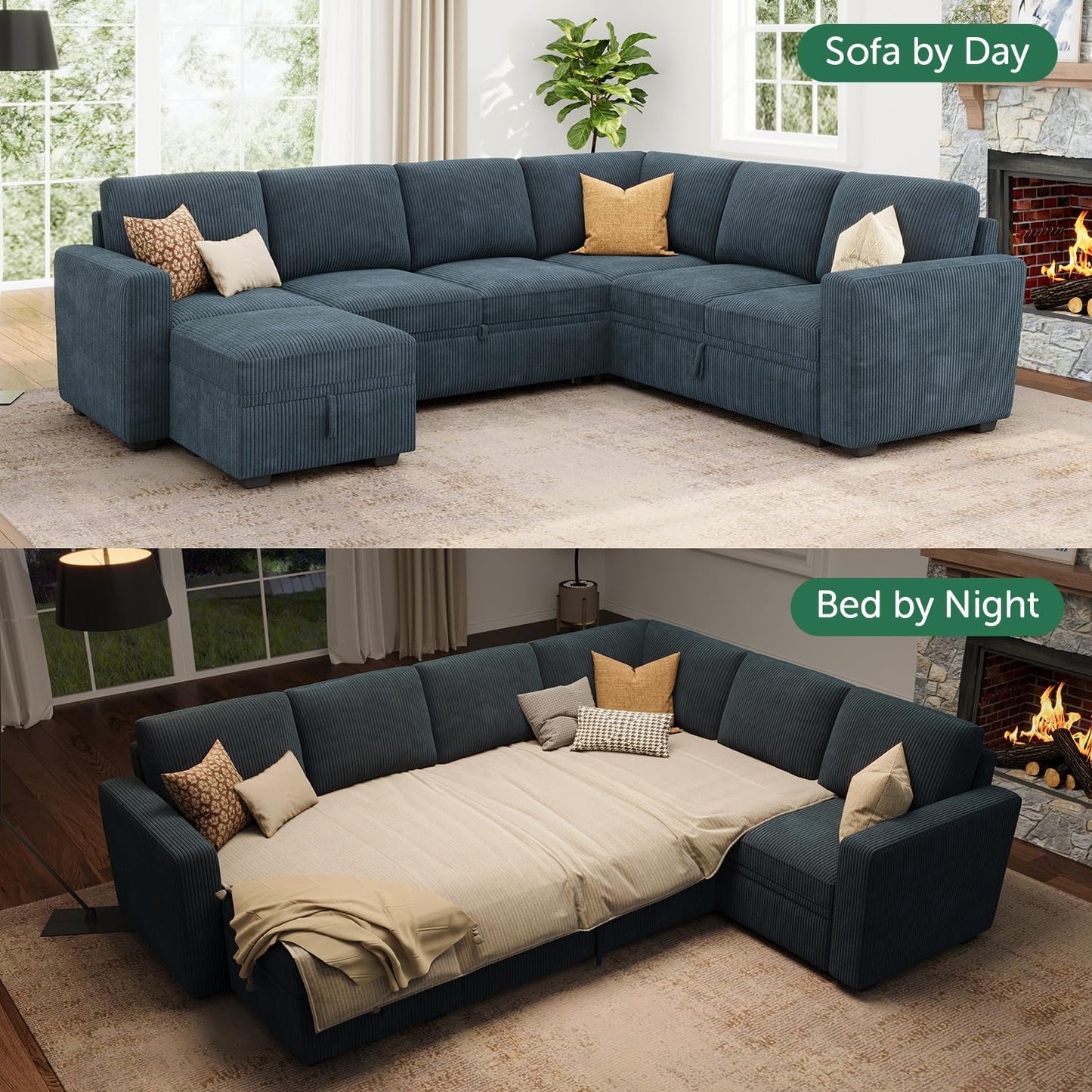 HONBAY Modular Sectional Sleeper Sofa with Pull Out Bed, Corduroy Couch with Storage, U Shaped Sectional Couches for Living Room, Blue