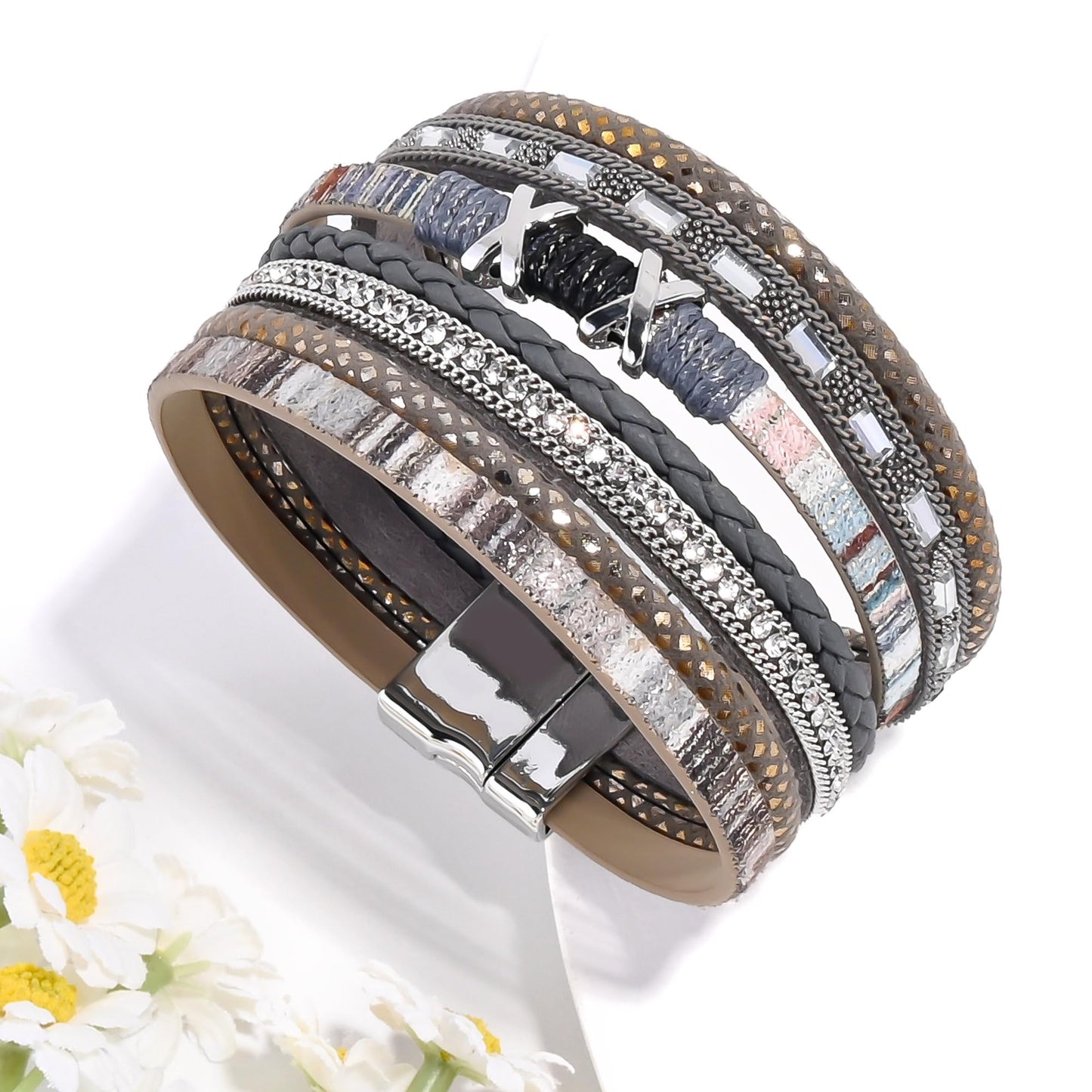 VIBILIA Boho Leather Wrap Bracelets for Women Trendy Layered Multi-Layer Boho Bracelets with Strong Clasp Jewelry for Women-Gray