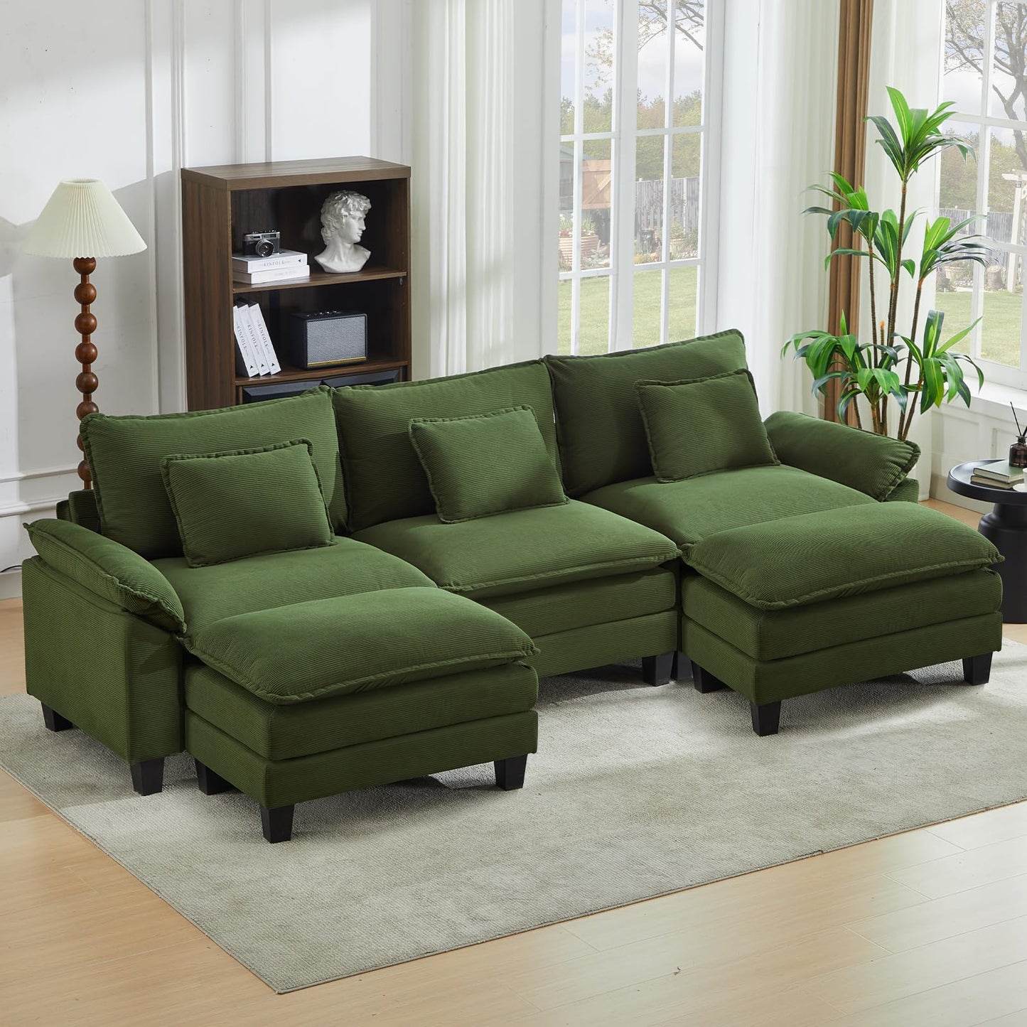 IPKIG 117" Sectional Sofa Cloud Couch, Modern Corduroy U-Shaped Couch Comfy Upholstered 3-Seat Sofa with 2 Ottoman, 3 Lumbar Pillow, Deep Seat Modular Sofa for Living Room, Apartment, Studio, Green