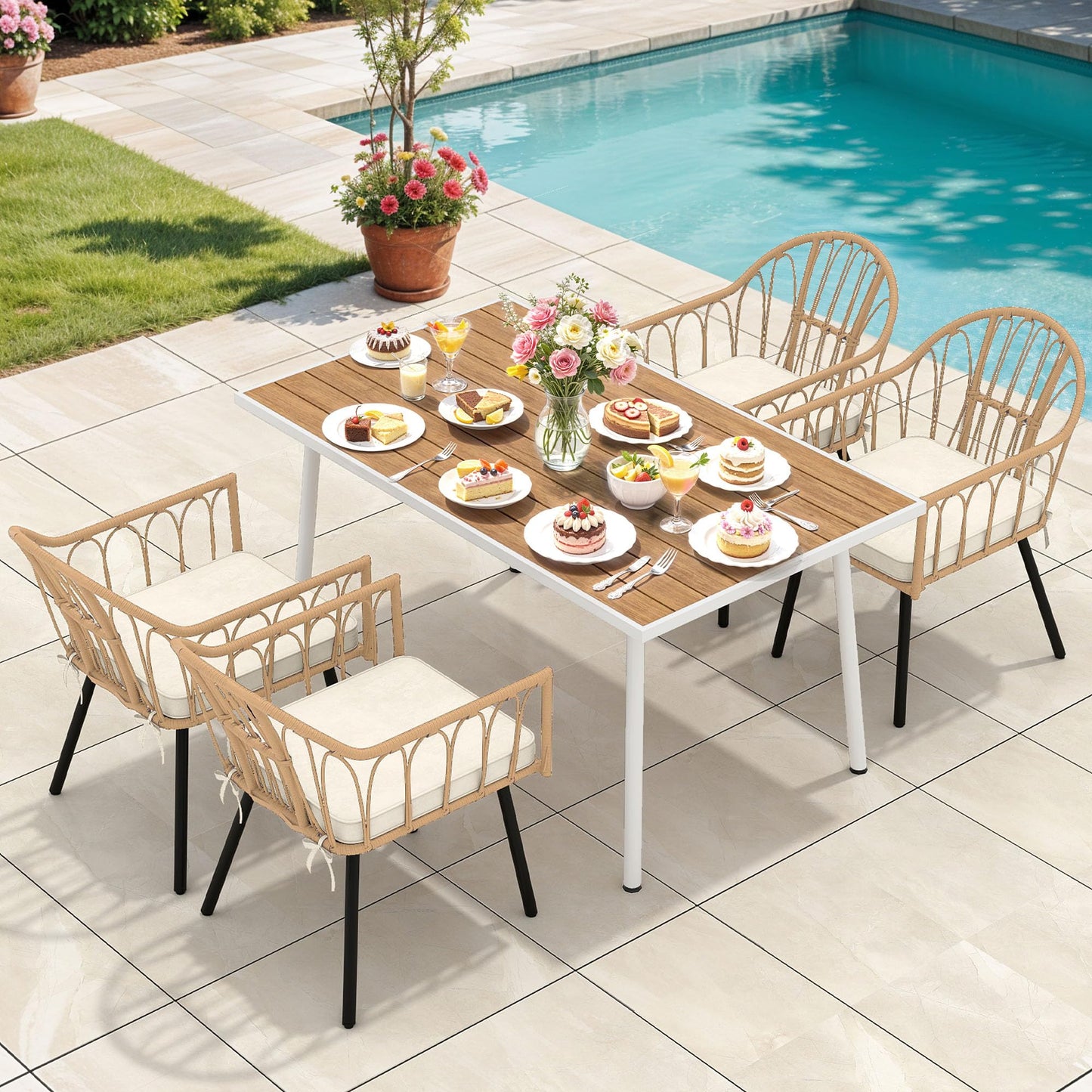 YITAHOME Outdoor Patio Dining Set 5pcs 59" Outdoor Table and Chairs Patio Dining Furniture Sets for 4/6 with Umbrella Hole Outdoor Dining Table Set for Garden Lawn Porch Indoor Brown