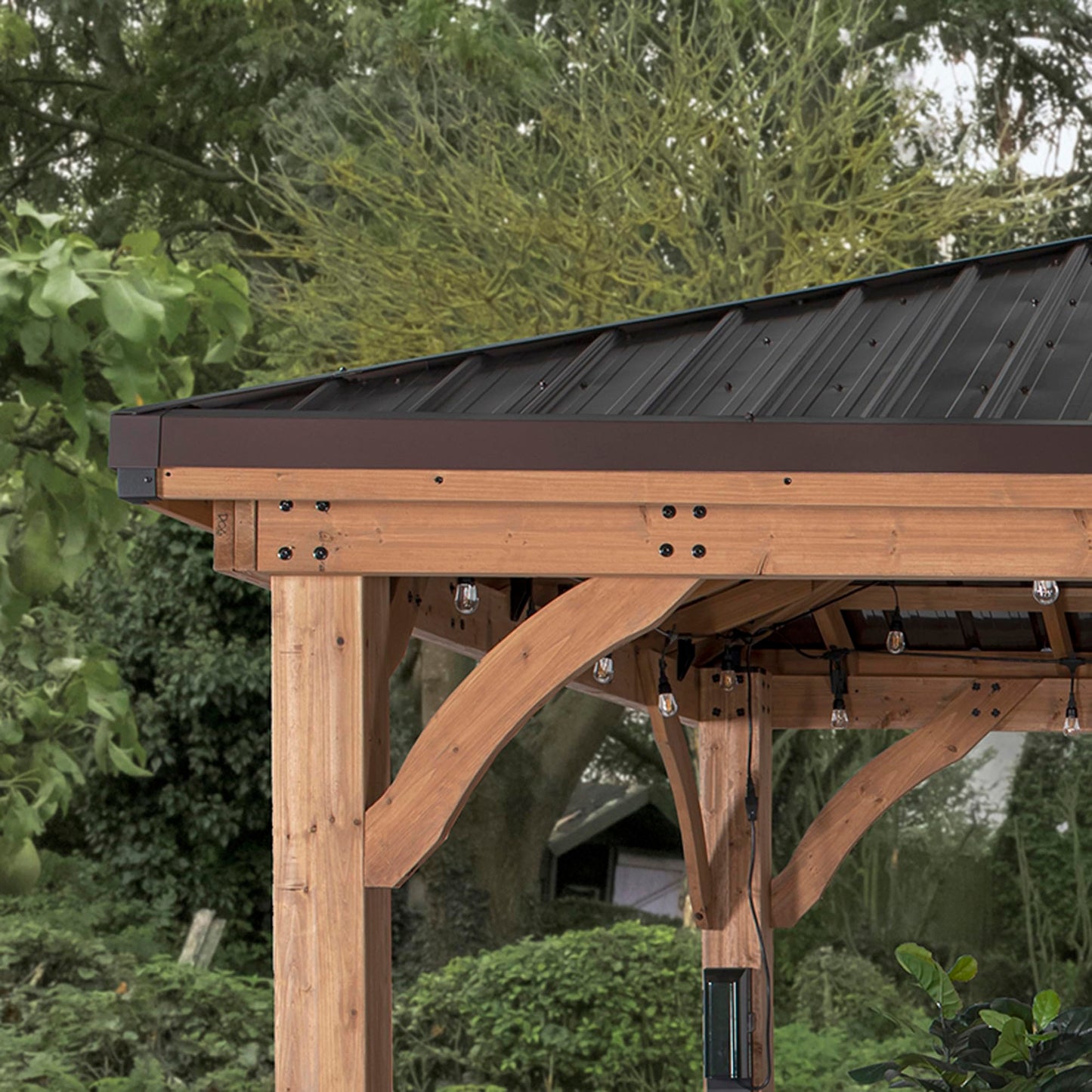 Backyard Discovery Barrington 16' x 12' Cedar Wood Outdoor Gazebo Pavilion with Hardtop Galvanized Steel Hip Roof, Snow Support, Wind Resistance, PowerPort, Shade for Garden, Patio, Deck, Entertaining