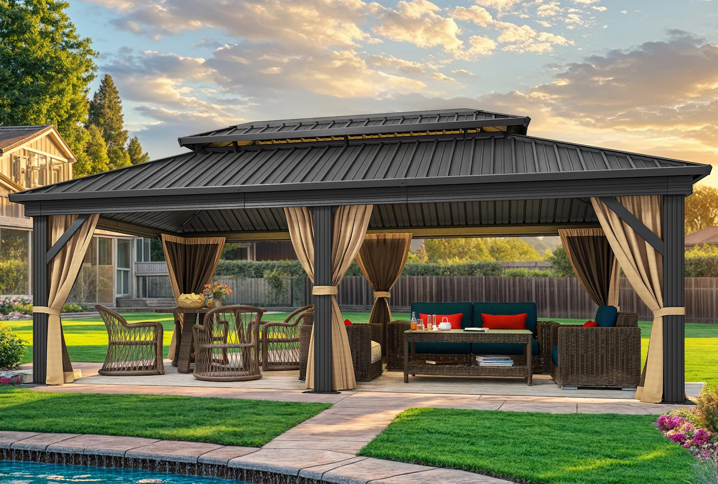 DWVO 12x18ft Hardtop Gazebo Double Roof with Nettings and Curtains, Heavy Duty Galvanized Steel Outdoor Vertical Stripes Roof for Patio, Backyard, Deck, Lawns, Brown