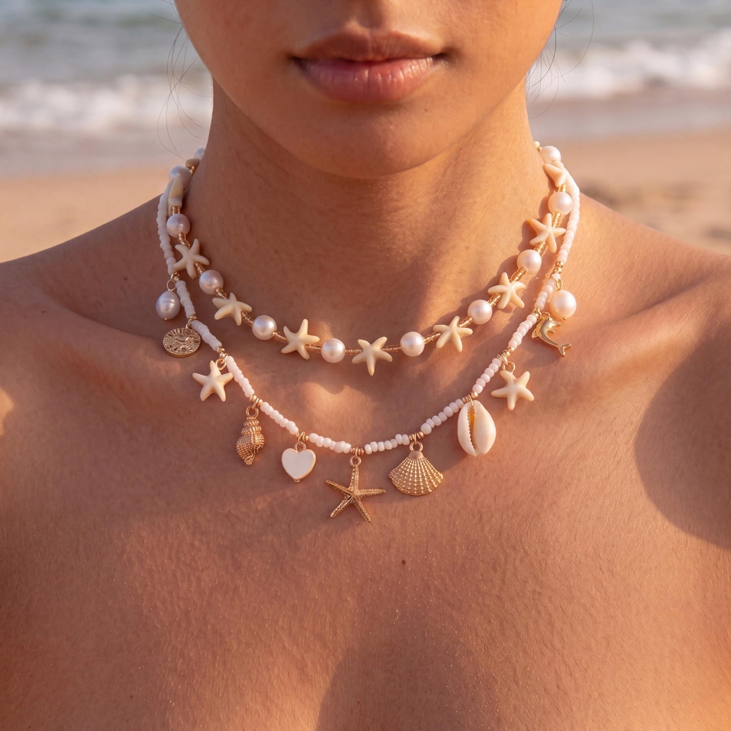 Shell Starfish Necklace for Women, Gold Plated Layered Pendant Necklace with Pearl Conch Charms, Boho Coastal Summer Beach Vacation Jewelry Gifts(Charm 2P)