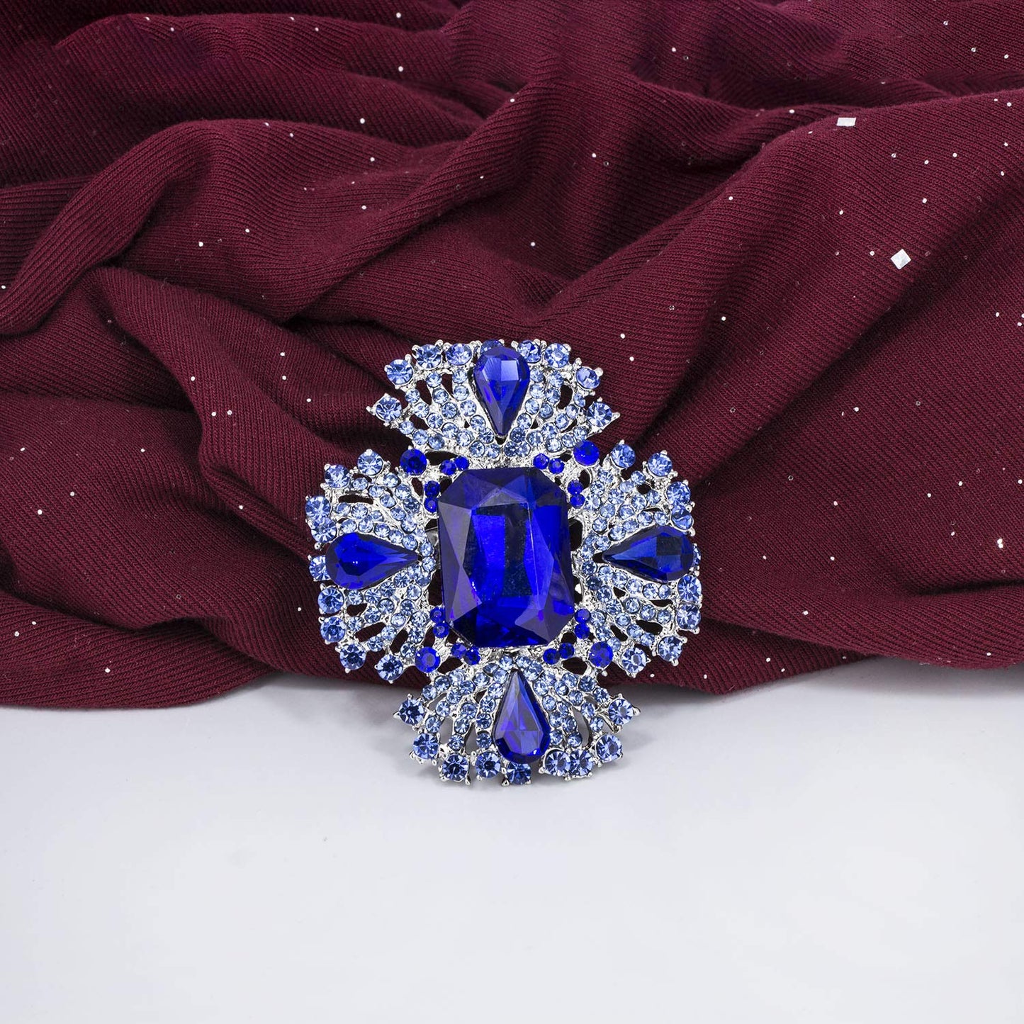 YOQUCOL Vintage Blue Austrian Crystal Rhinestone Cross Flowers Shaped Brooch Pin Elegant Jewelry For Women