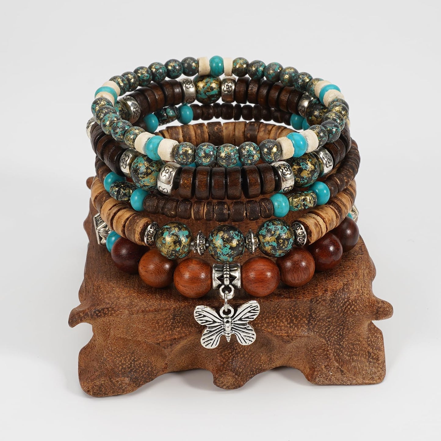 Briutn Boho Wooden Beads Bracelets Punk Gothic Bracelet for Men Women Adjustable Vintage Wood Beaded Bracelet Set
