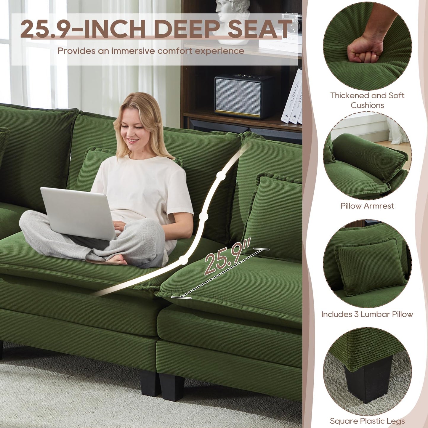 IPKIG 117" Sectional Sofa Cloud Couch, Modern Corduroy U-Shaped Couch Comfy Upholstered 3-Seat Sofa with 2 Ottoman, 3 Lumbar Pillow, Deep Seat Modular Sofa for Living Room, Apartment, Studio, Green