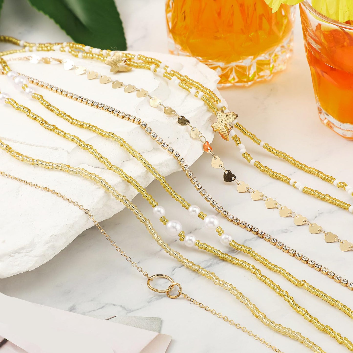 Lenwen 10 Pcs Summer Beach Belly Chain Adjustable Waist Multi Layered Chain Waist Jewelry for Women Girls Multilayer Body(Cute Style,Gold)