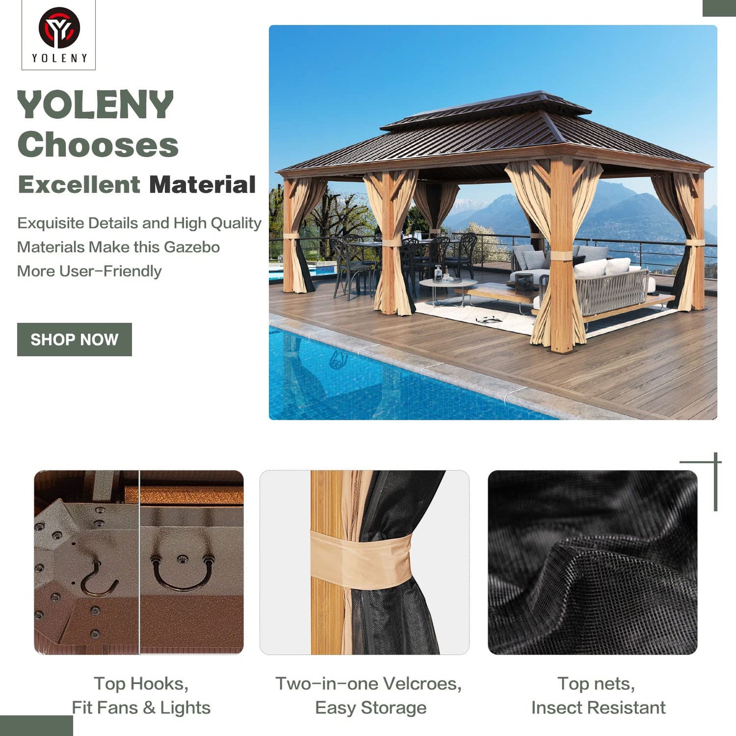 YOLENY 12'x20' Gazebo, Galvanized Steel Double Roof with Wood Grain Aluminum Frame, Outdoor Permanent Metal Pavilion with Curtains and Nettings for Patio, Backyard and Deck