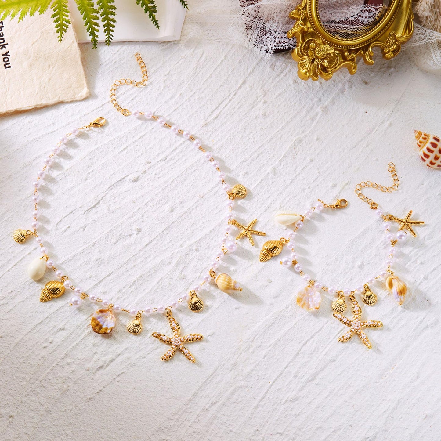 Gold Starfish Shell Necklace for Women Boho Layered Seashell Conch Shell Pearl Pendant Necklaces Set Bohemain Starfish Beach Necklaces Stack Beachy Summer Jewelry Outfits Accessories