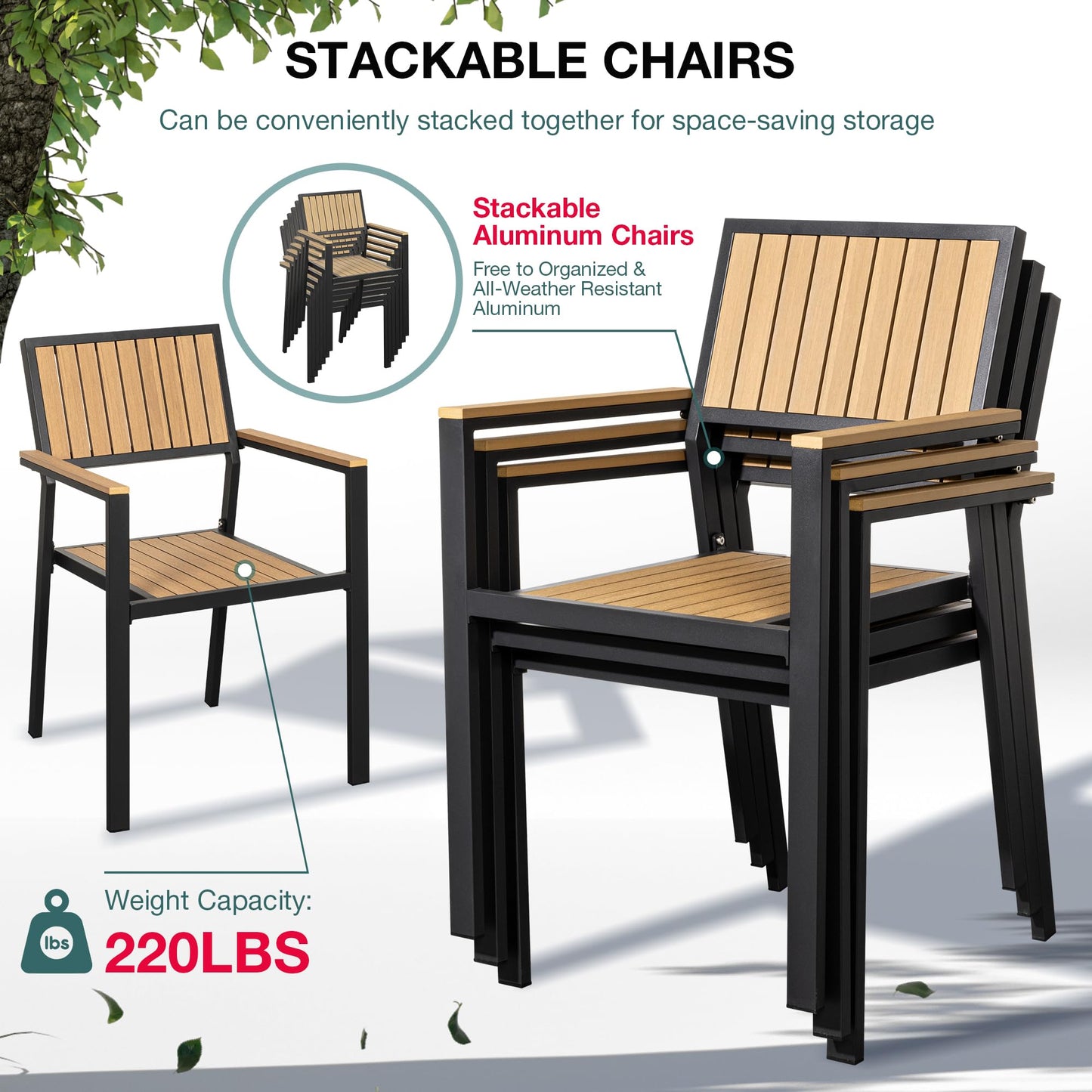 Pamapic 10-Piece Outdoor Dining Set, Patio Aluminum Furniture with Plastic-Wood Table Top & 8 Stackable Chairs, Outdoor Furniture Set for Patio Garden Poolside (Teak)