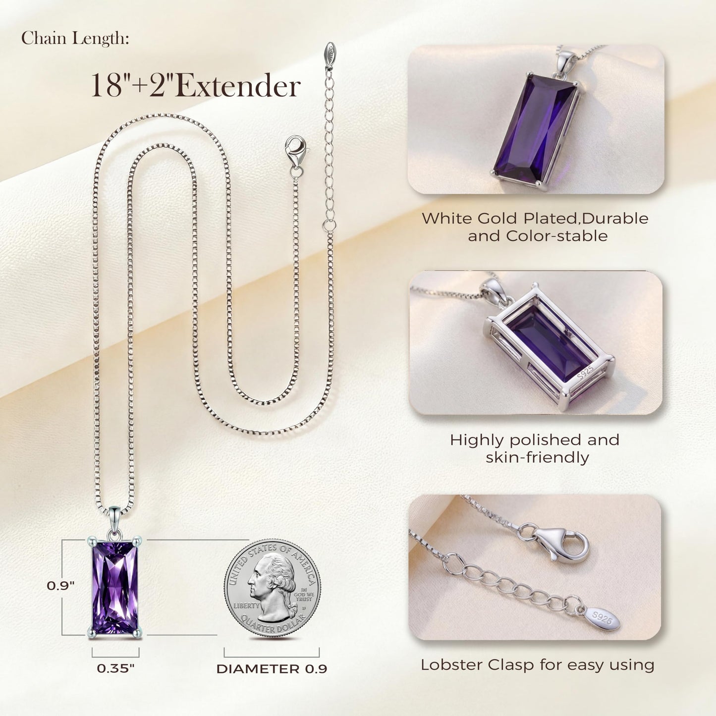 Kuschelkatze 8mm x 16mm Square February Birthstone Amethyst Pendant Necklace – Fashion charming Sterling Silver Gift for women