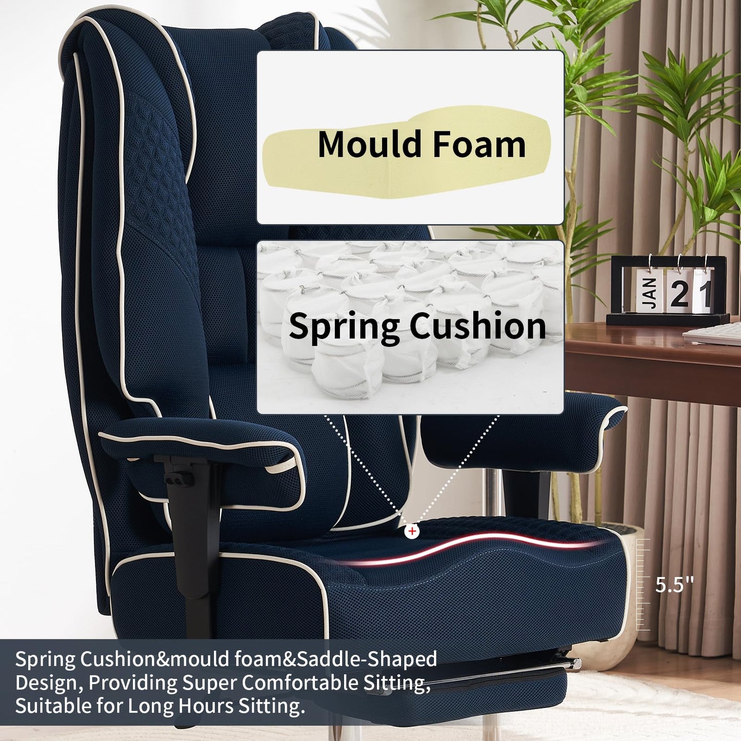 EXCEBET Big and Tall Office Chair 400lbs Wide Seat, Leather High Back Executive Office Chair with Foot Rest, Ergonomic Chairs Lumbar Support for Lower Back Pain Relief (Mesh Dark Blue)