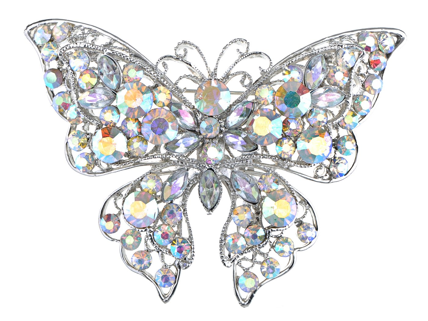 Alilang Silvery Tone Crystal Rhinestone Hollow Out Butterfly Brooch Pin, Aurora Borealis