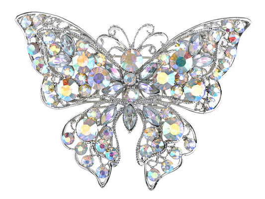 Alilang Silvery Tone Crystal Rhinestone Hollow Out Butterfly Brooch Pin, Aurora Borealis