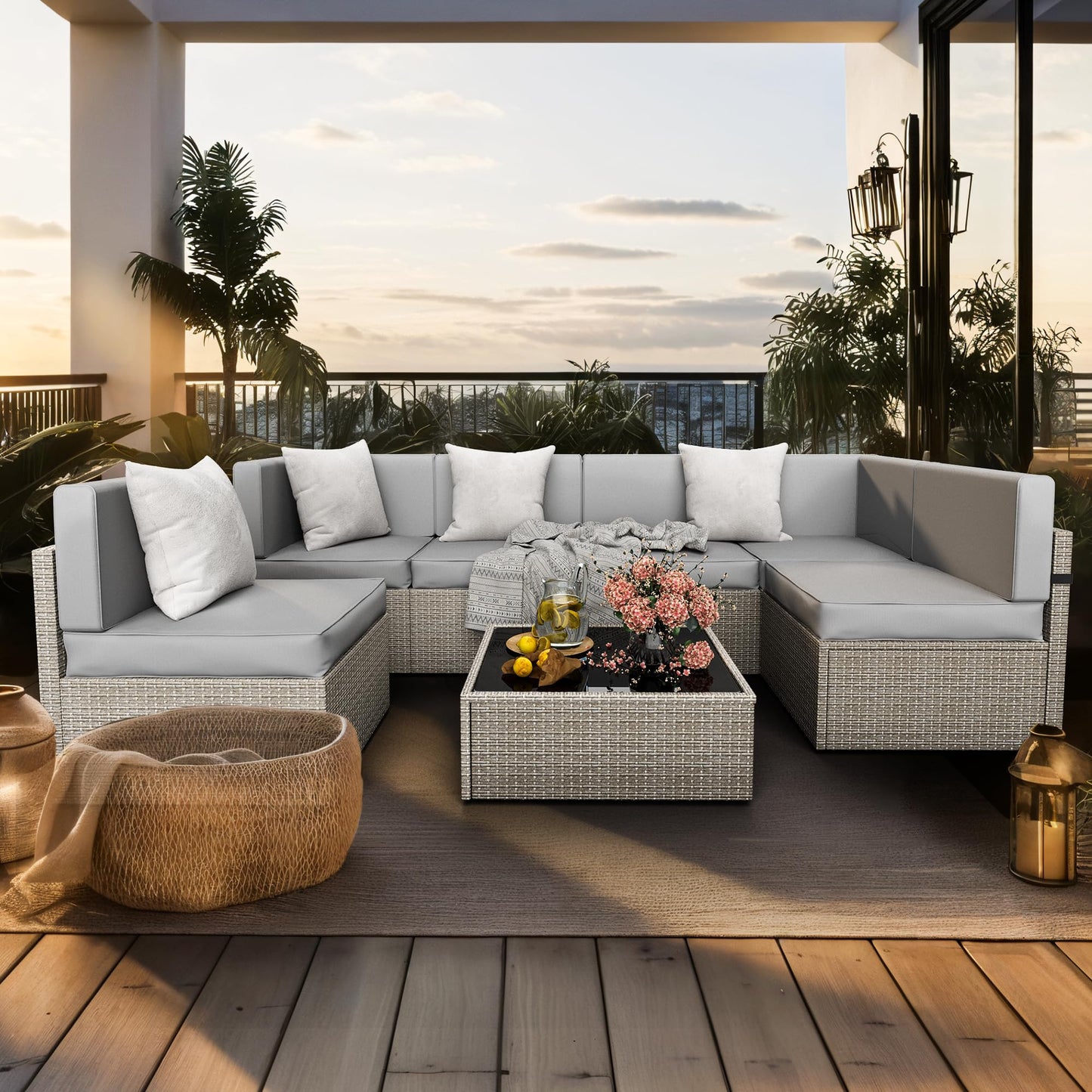 Pamapic 7-Piece Outdoor Sectional Furniture Set, All-Weather Wicker Patio Sofa with Washable Cushions, Gray Waterproof Rattan Conversation Set for Backyard, Poolside, Garden (Gray Cushions)