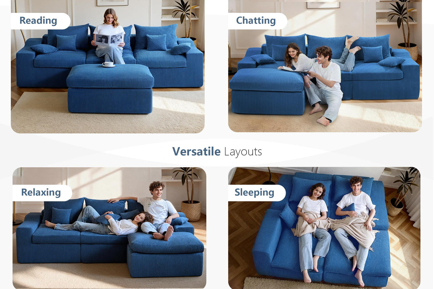 HABUTWAY 104" L Shaped Cloud Sectional Couch, Boneless Modular Sectional Sofa with Deep Seat, Corduroy Couches for Living Room, Modular Couch, No Assembly Required (Blue)