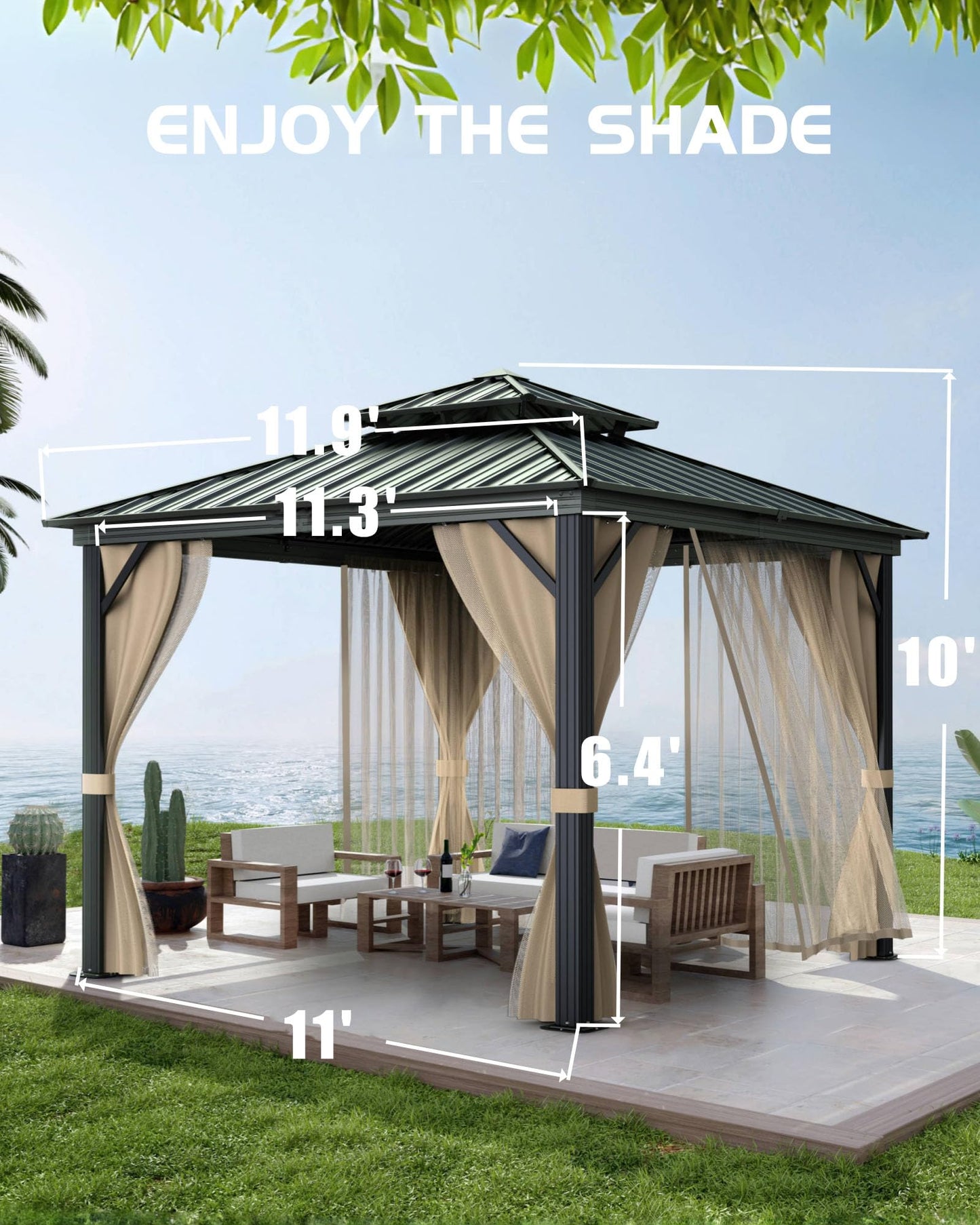 GarveeLife Hardtop Gazebo 12 ft x12 ft for All Weather, with Double Metal Roof, Aluminum Alloy Frame, Net, and Curtain, Permanent Building for Patio, Deck, Backyard, Lawn, and Garden