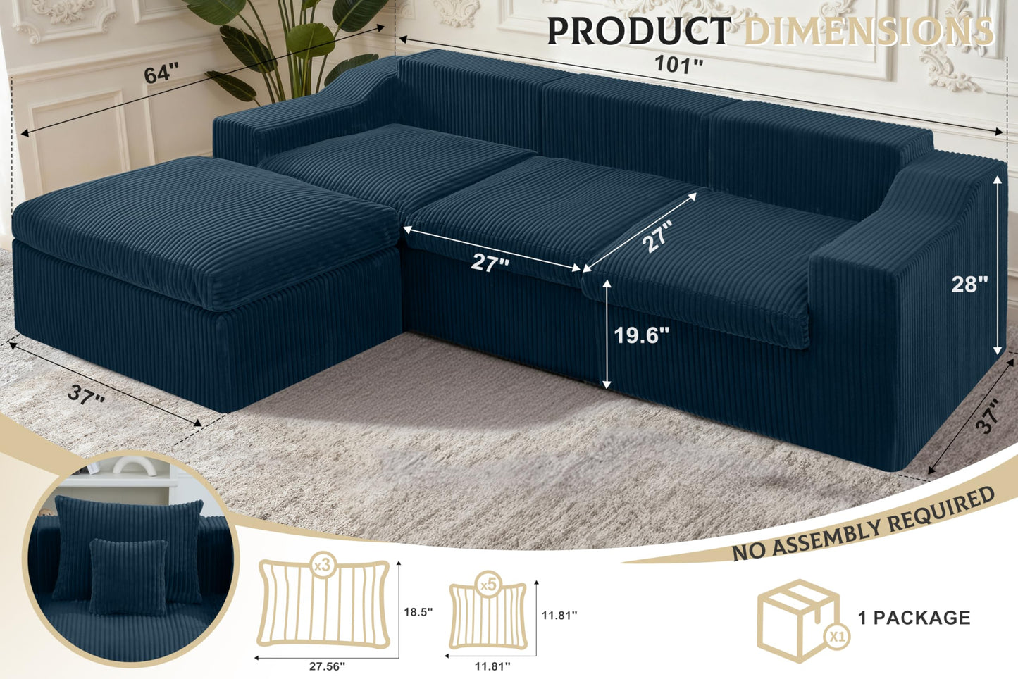 101" Modular Couch Sectionals with Ottoman, Big Comfy Cloud Couches, L Shaped 4 Seat Modular Sectional Sofa, Sectional Double Cushion Couches with Deep Seat for Living Room,No Assembly Required(Blue)