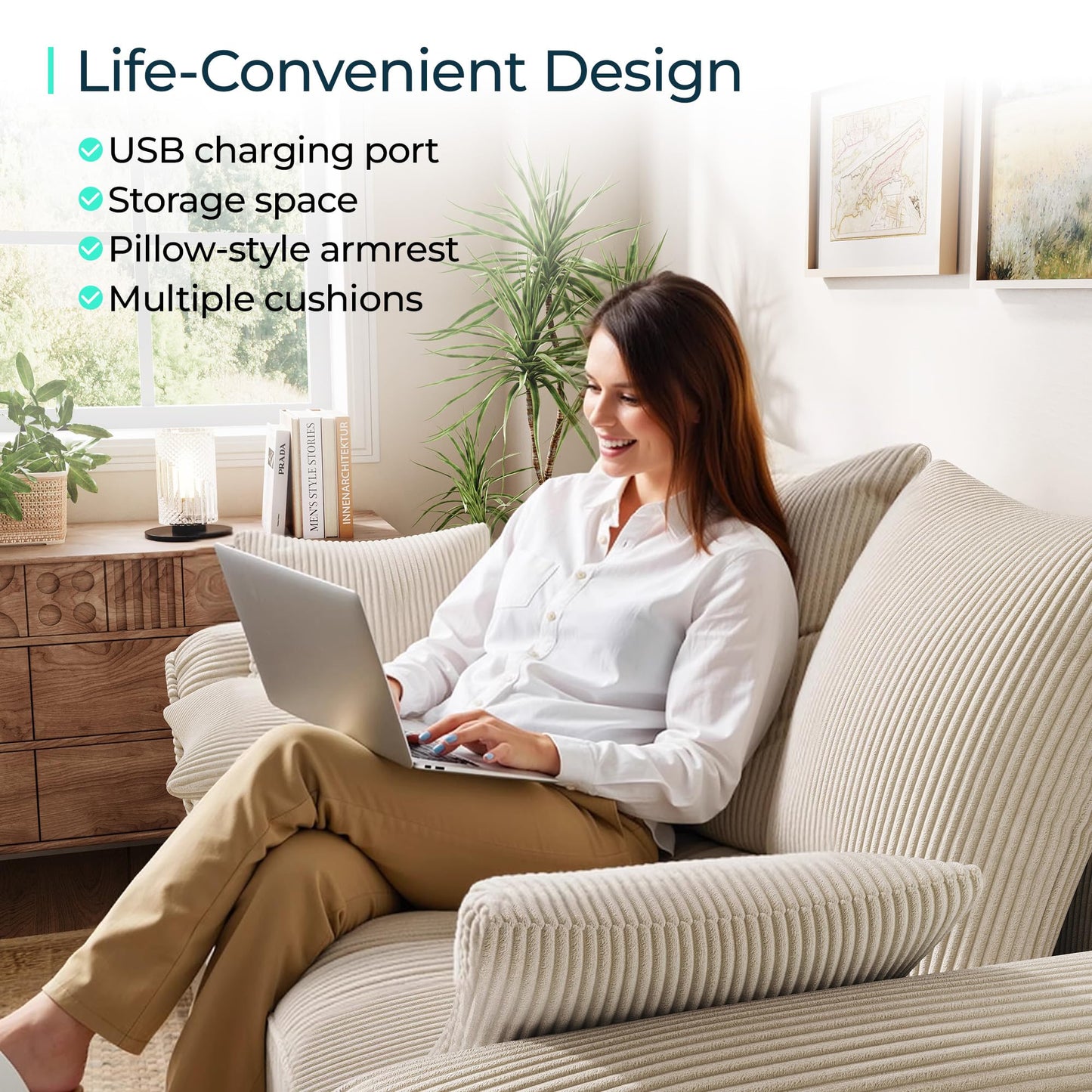 LINSY HOME Sectional Loveseat Sofa with Pull Out Chaise (Beige, 62.5'')