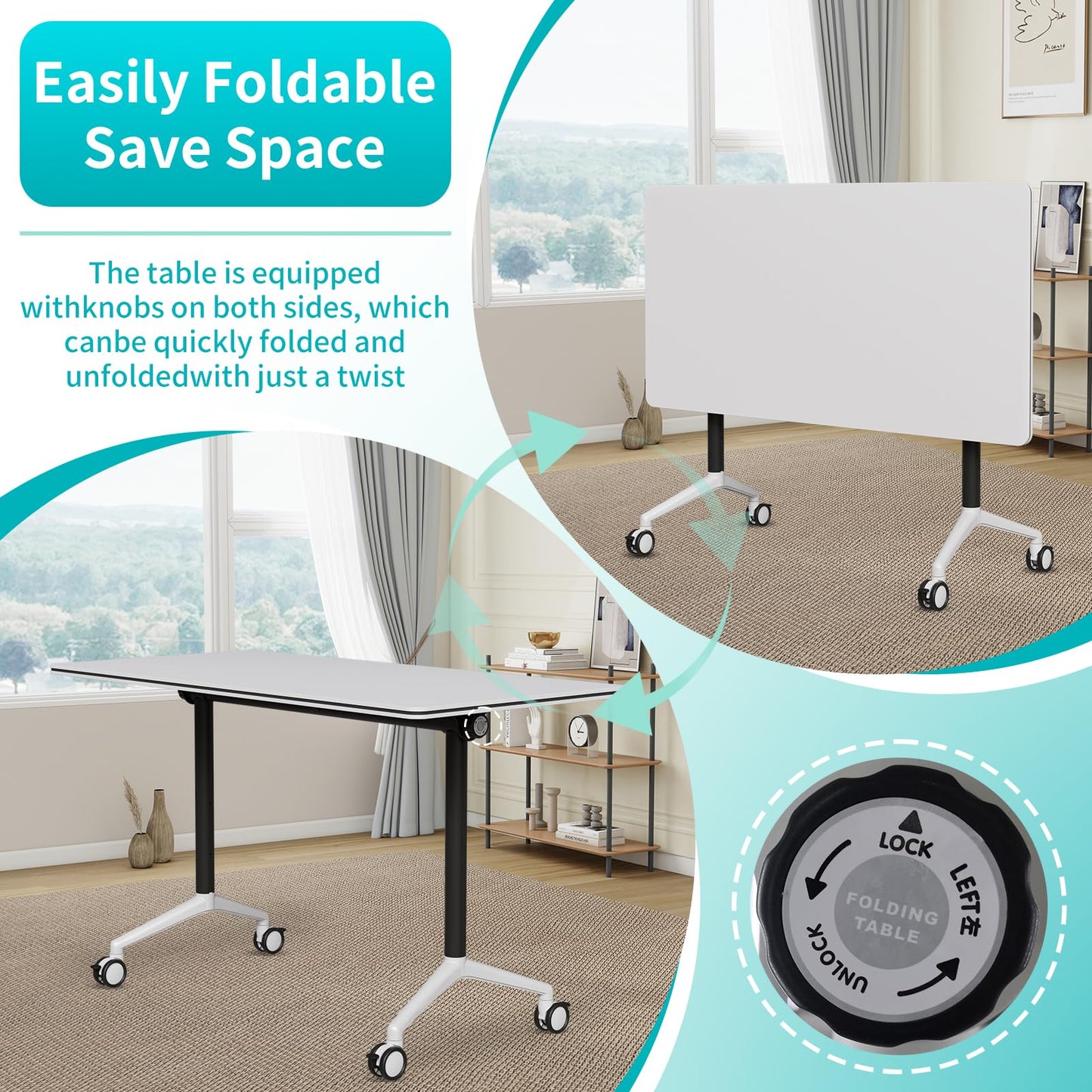 ZanyCajole Conference Room Table, Folding Conference Table with Silent Wheels, Modular Flip Top Mobile Training Tables for Office, Training Room, Meeting Rooms, School, 2-16 Person (4, White, 55.1in)