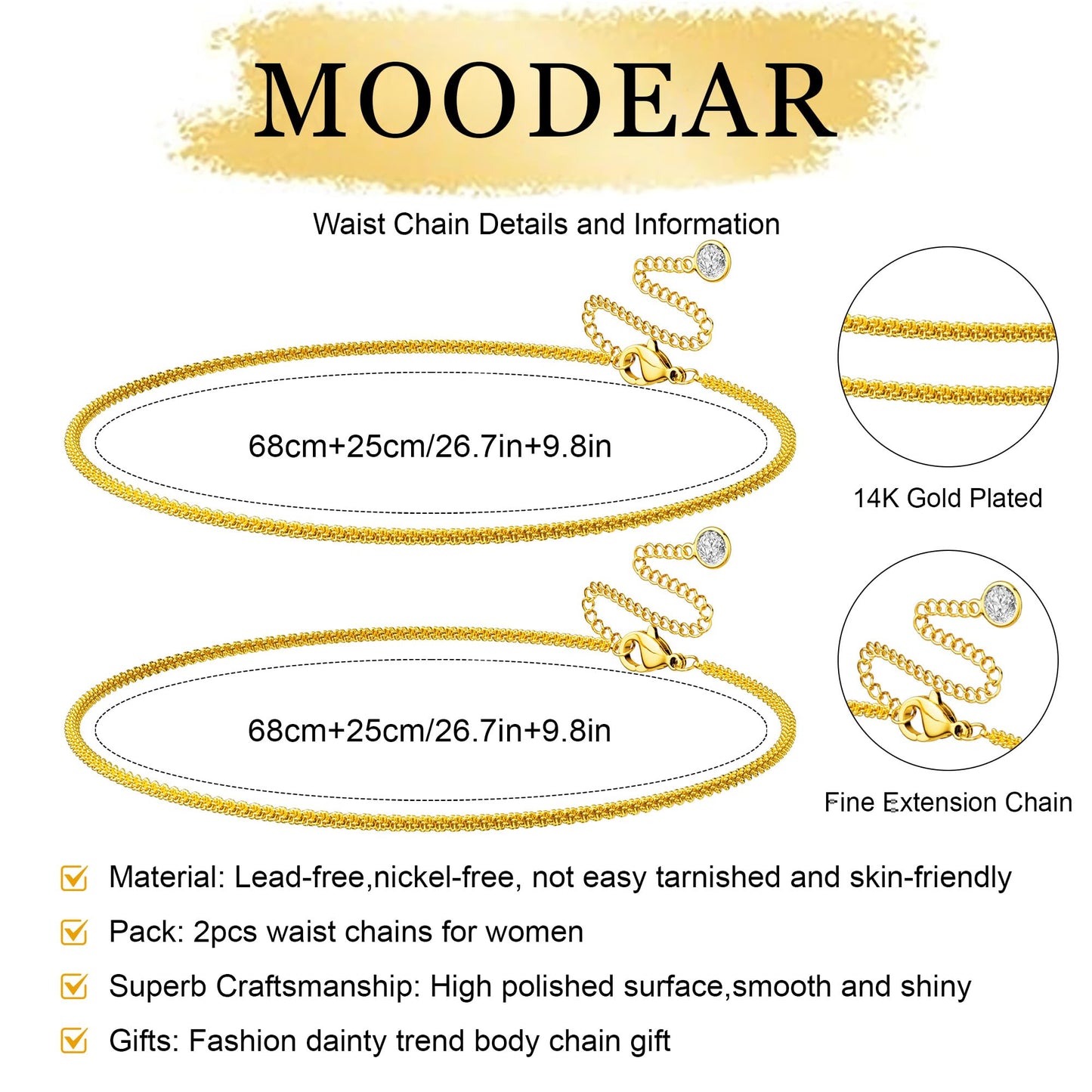 MOODEAR 2PCS Waist Chain Waterproof - 14K Gold Plated Layered Belly Chains with Drop Cubic Zirconia Body Chain Non Tarnish Jewelry for Women Sexy Bikini Belts Gifts for Summer Beach