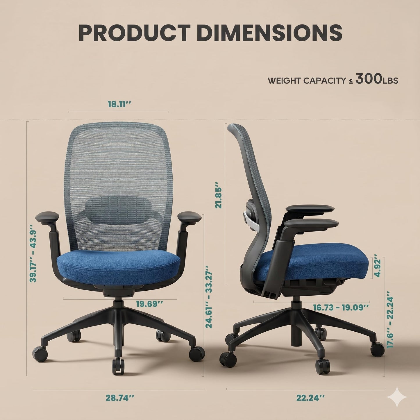COLAMY Office Chair for Long Hours, Easy Wire-Control Desk Chair with Sliding Seat Depth & Thick Padded Lumbar Support, Heavy Duty 300 LBS High Back Mesh Computer Chair for Home Workstation,Blue