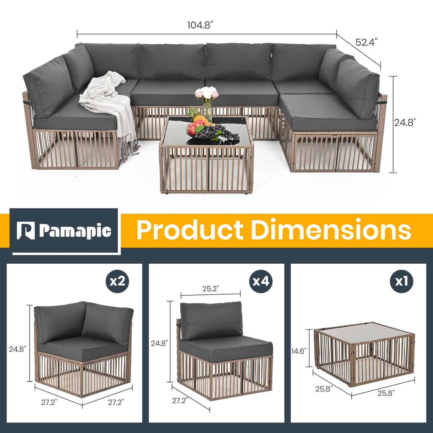 Pamapic 7 Piece Outdoor Sectional Sofa Set, All-Weather Patio Furniture with Washable Cushions, Waterproof Brown Rattan Wicker Conversation Set for Backyard, Poolside, Gray Cushion