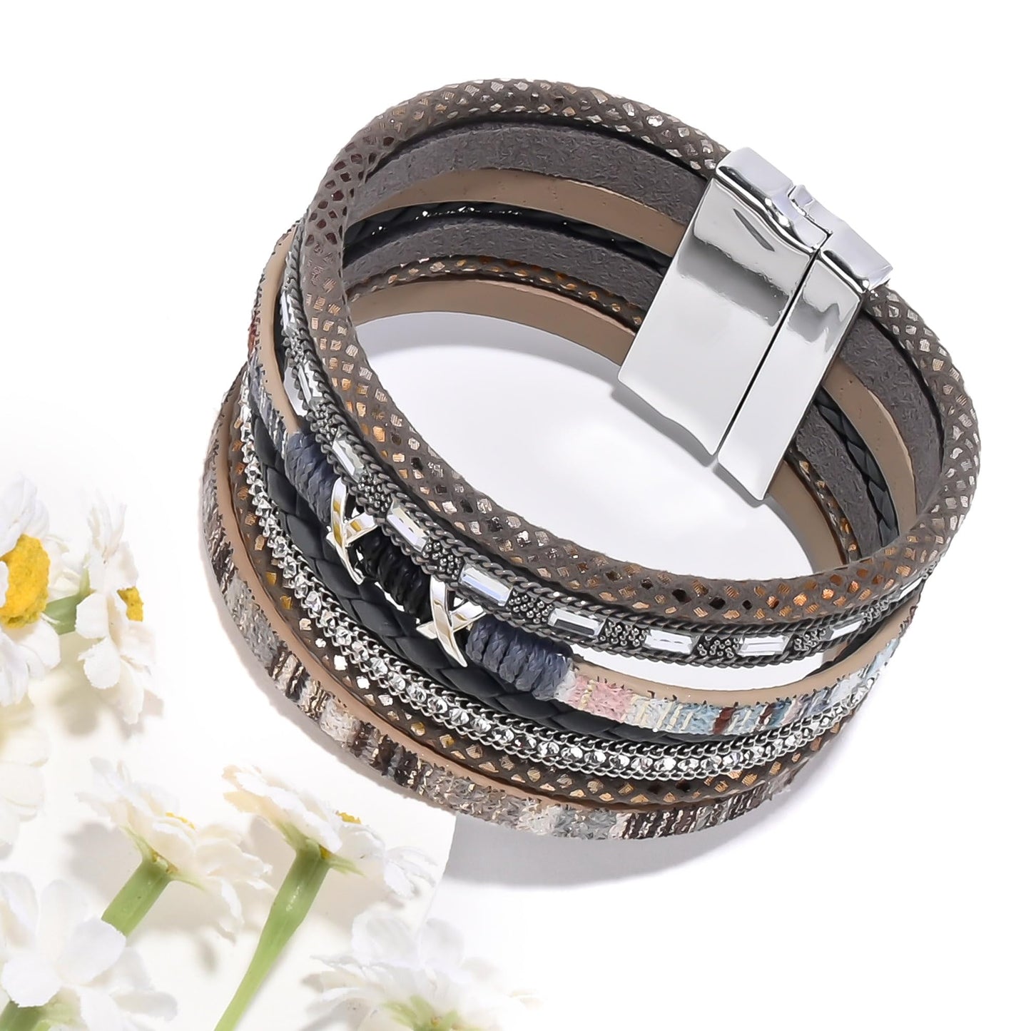 VIBILIA Boho Leather Wrap Bracelets for Women Trendy Layered Multi-Layer Boho Bracelets with Strong Clasp Jewelry for Women-Gray