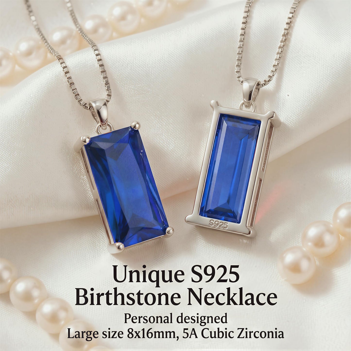 Kuschelkatze 8mm x 16mm Square September Birthstone Sapphire Pendant Necklace – Fashion charming Sterling Silver Gift for women