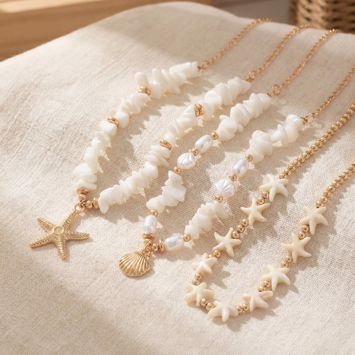Shell Starfish Necklace for Women, Gold Plated Layered Pendant Necklace with Pearl Conch Charms, Boho Coastal Summer Beach Vacation Jewelry Gifts(Crush)